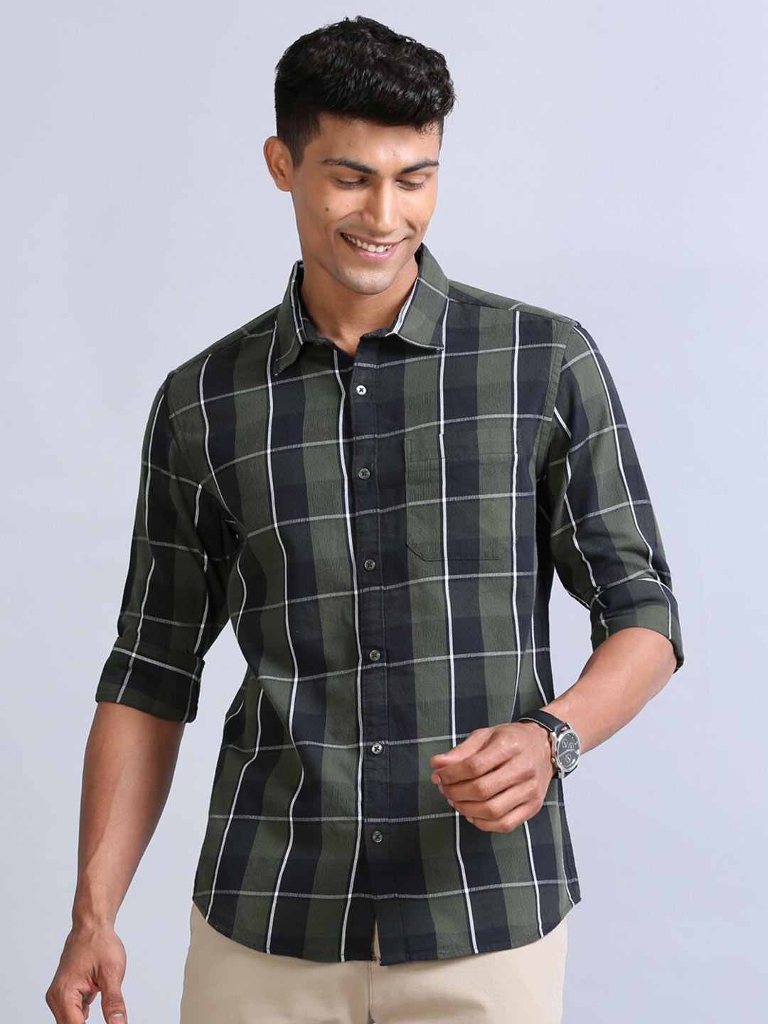 

Bushirt Classic Tartan Checks Corduroy Weave Casual Shirt, Green