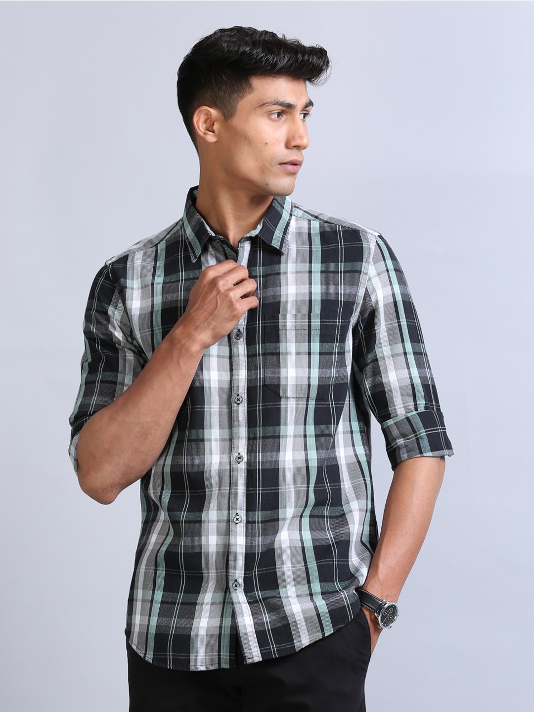 

Bushirt Classic Tartan Checked Corduroy Weave Casual Shirt, Black