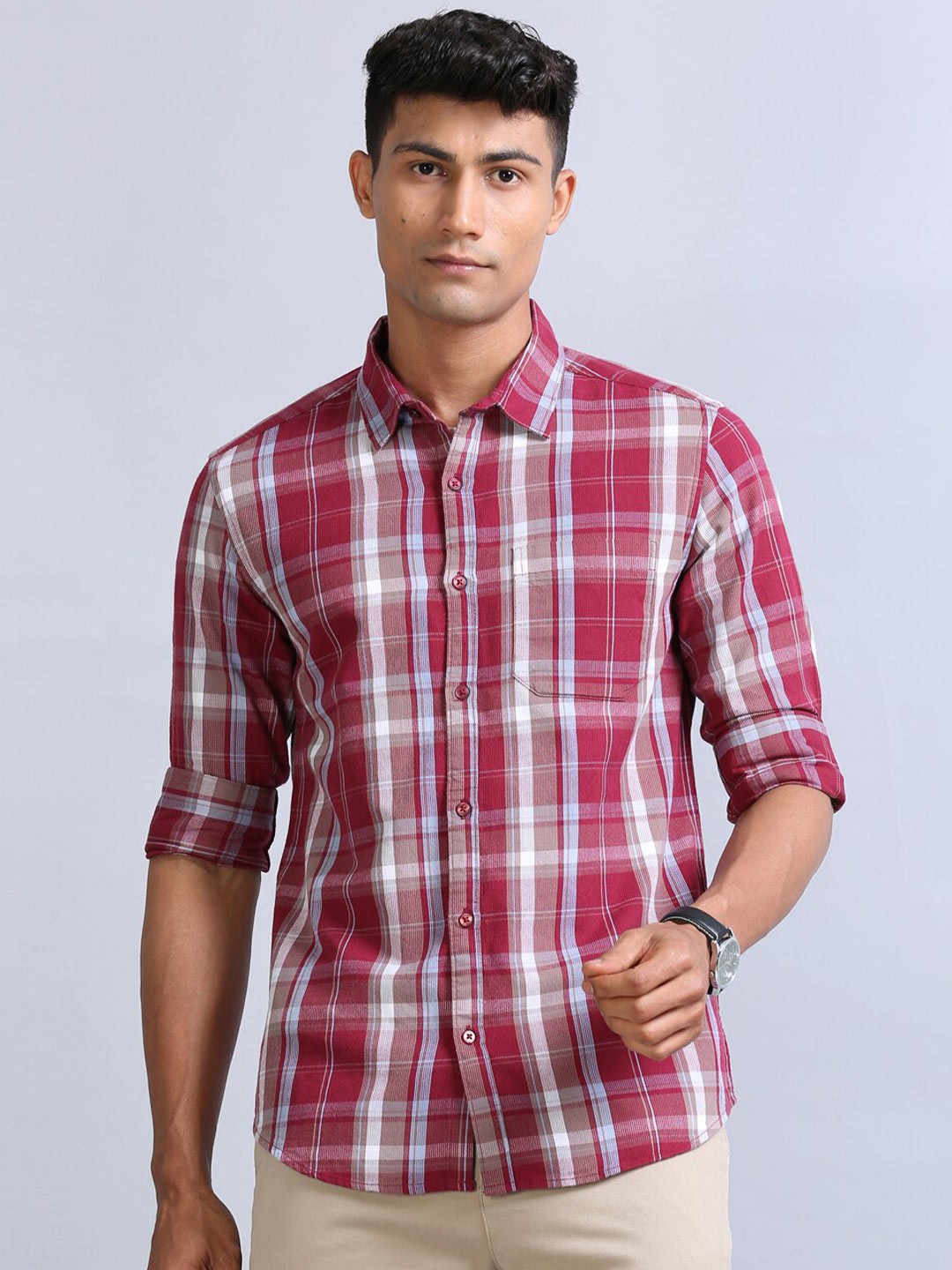 

Bushirt Classic Tartan Checked Corduroy Weave Casual Shirt, Red
