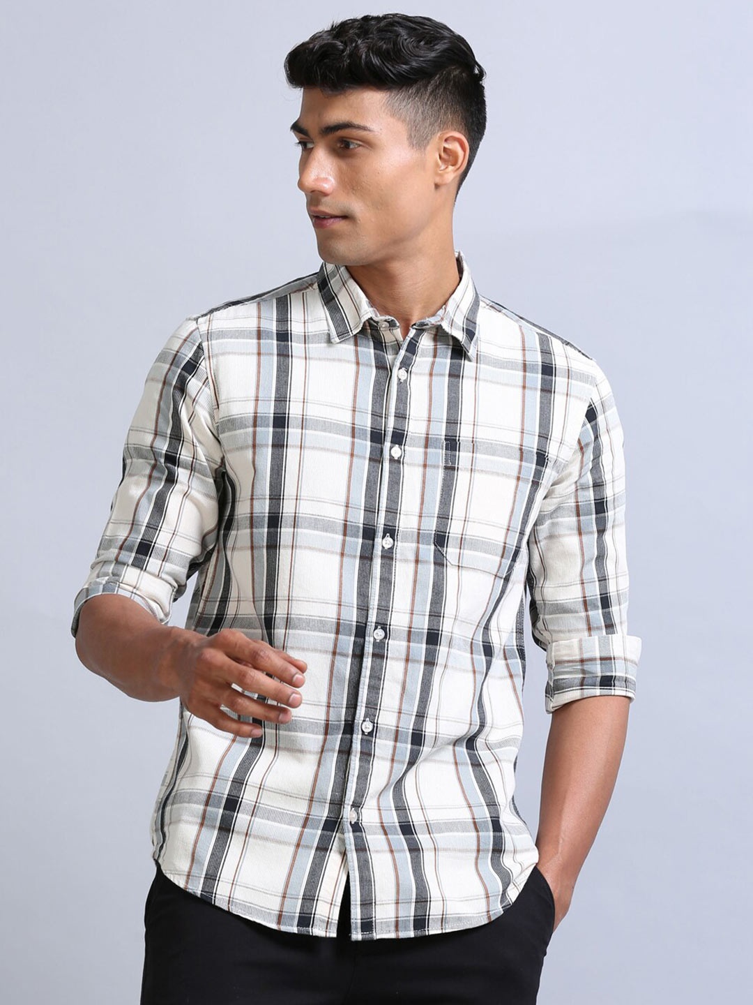 

Bushirt Classic Tartan Checks Corduroy Weave Casual Shirt, Cream