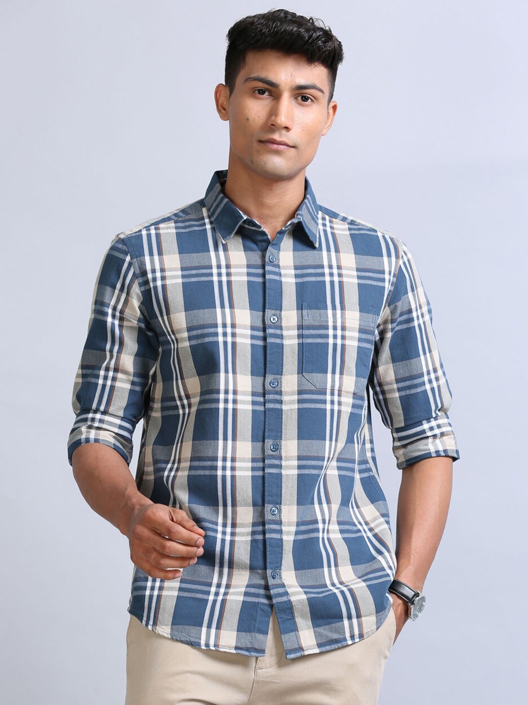 

Bushirt Classic Tartan Checks Pure Cotton Casual Shirt, Blue