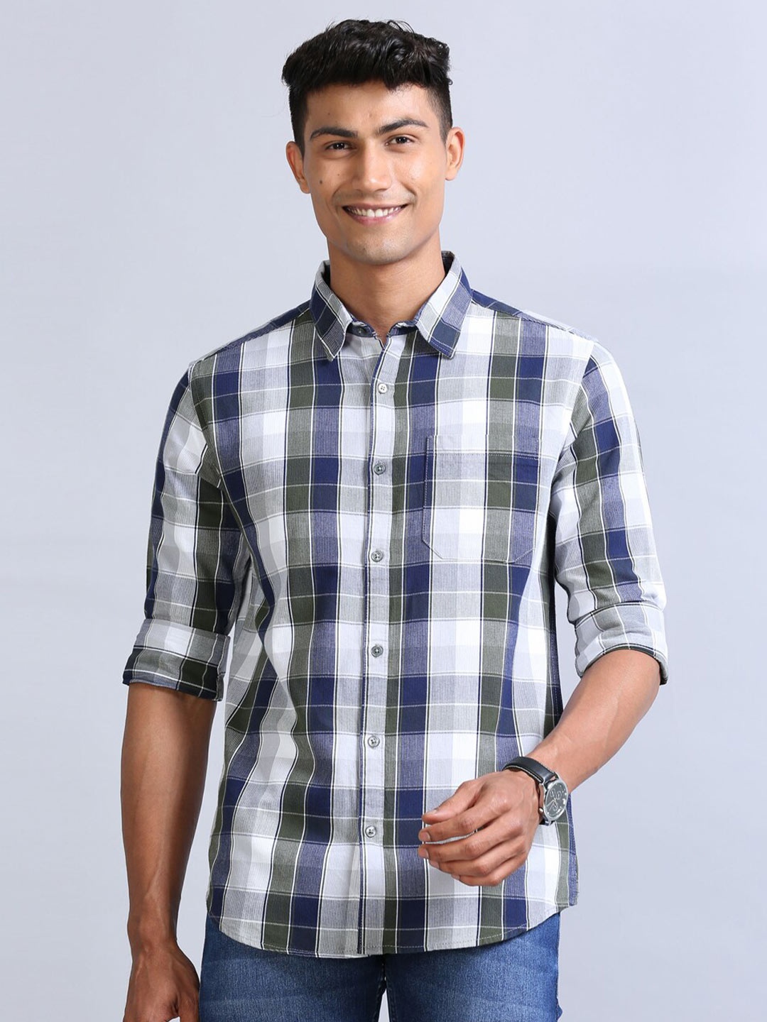 

Bushirt Classic Tartan Checks Corduroy Weave Casual Shirt, Blue
