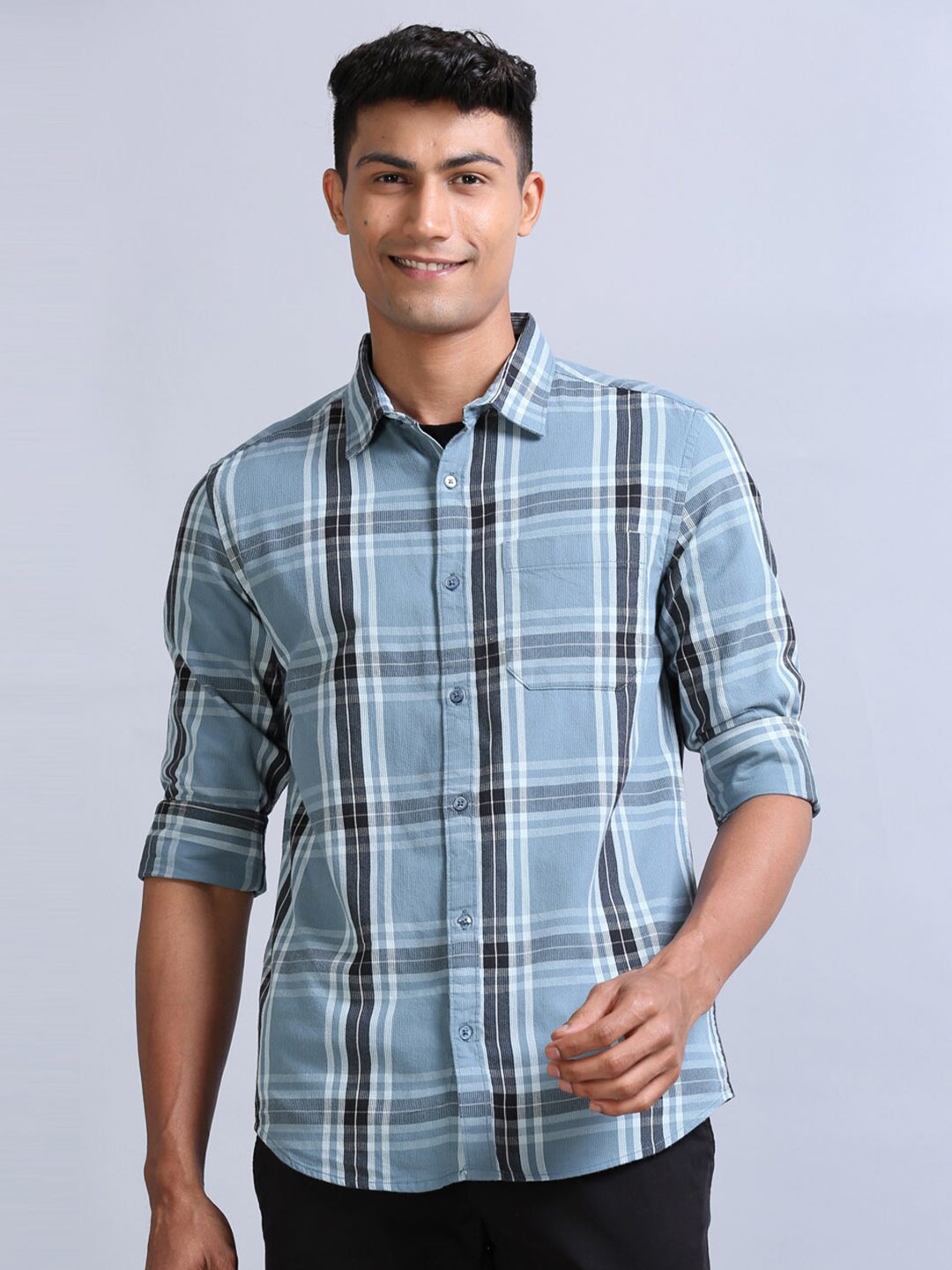 

Bushirt Classic Tartan Checks Corduroy Weave Casual Shirt, Blue