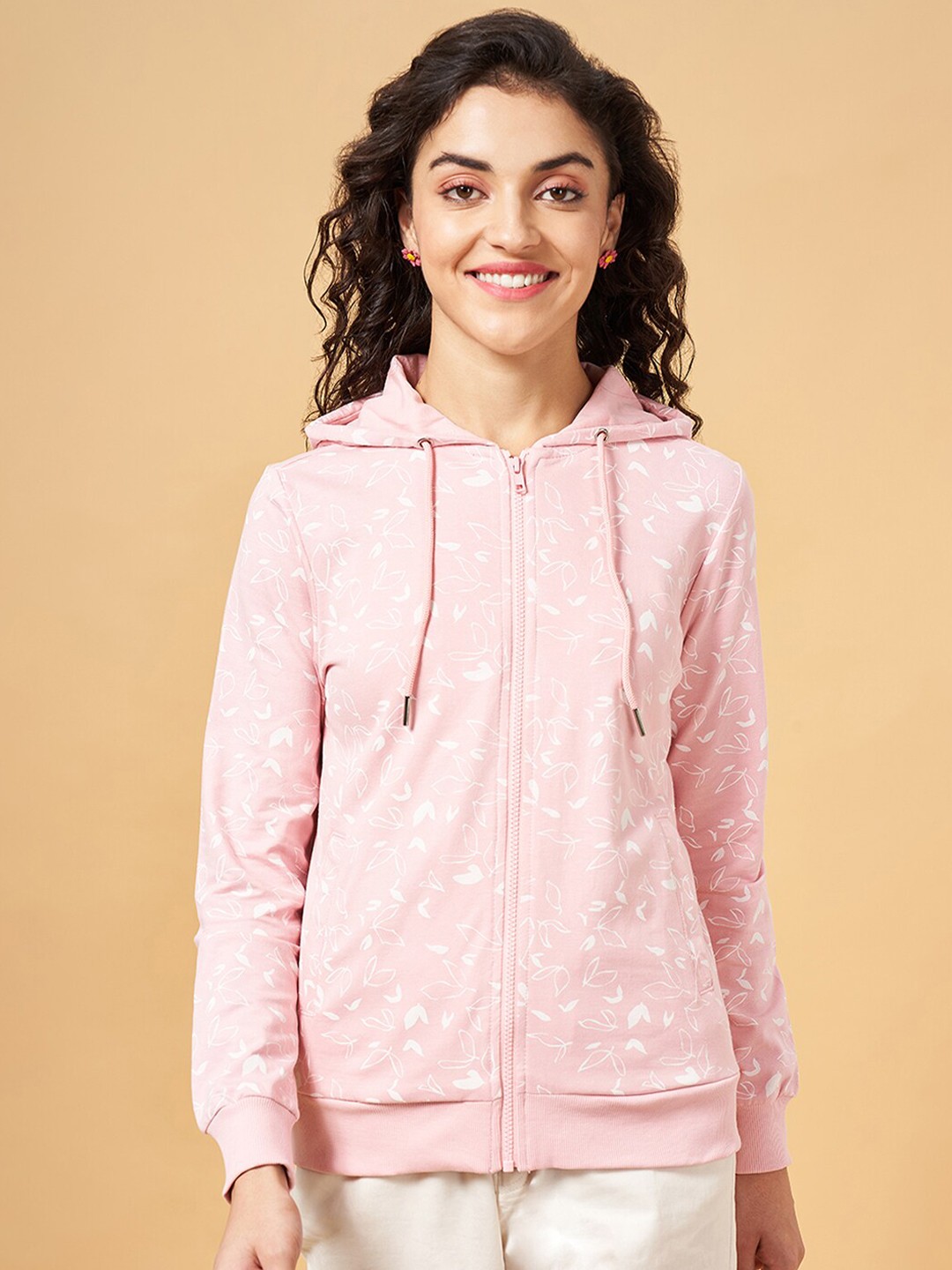 

Honey by Pantaloons Floral Printed Hooded Long Sleeves Cotton Front-Open Sweatshirt, Pink