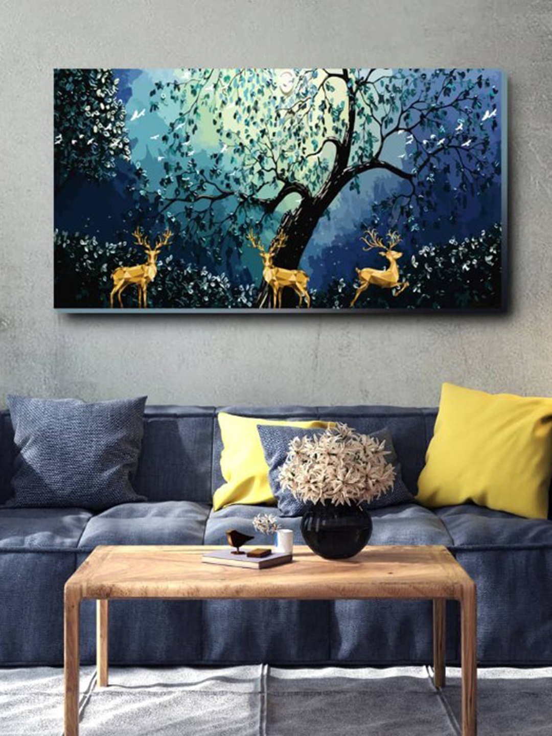 

SPACE OF JOY Royal Stags Blue Canvas Wall Art With Frame