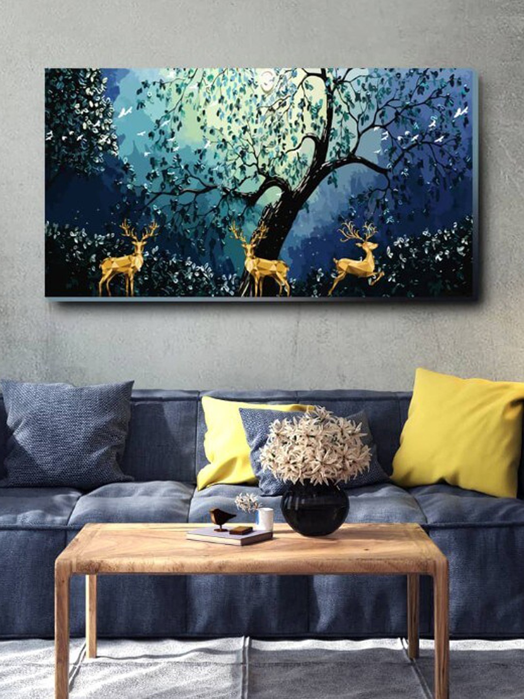 

SPACE OF JOY Royal Stags Blue & Green Forest Painting Wall Art