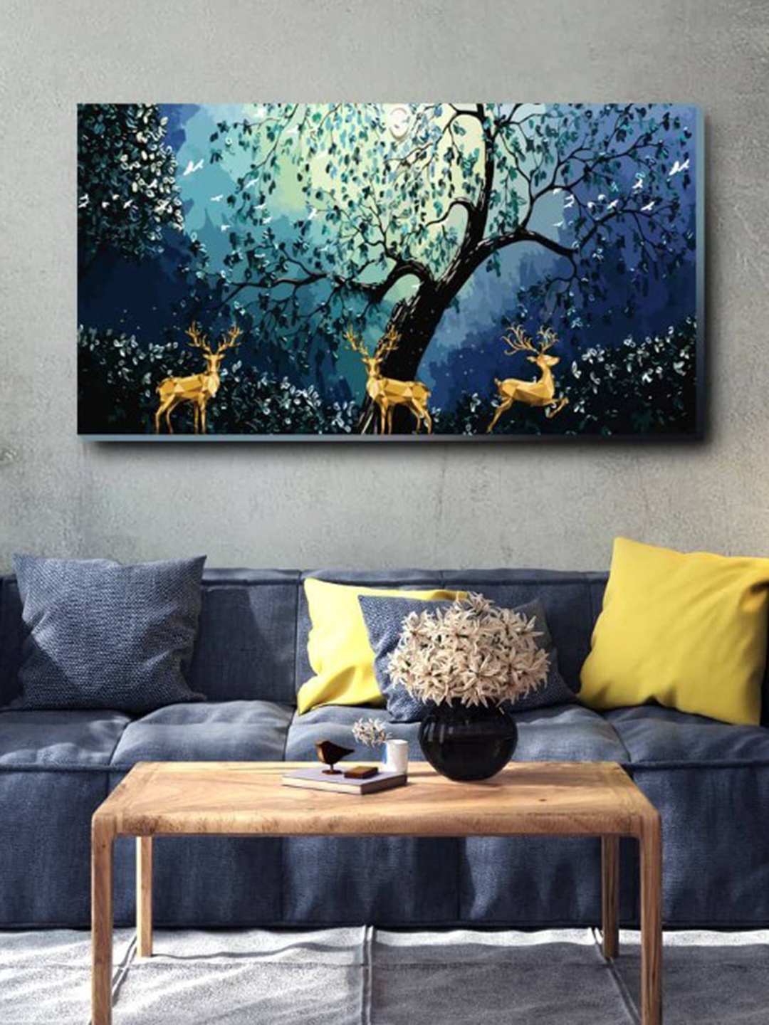 

SPACE OF JOY Royal Stags Blue & Green Forest Painting Wall Art