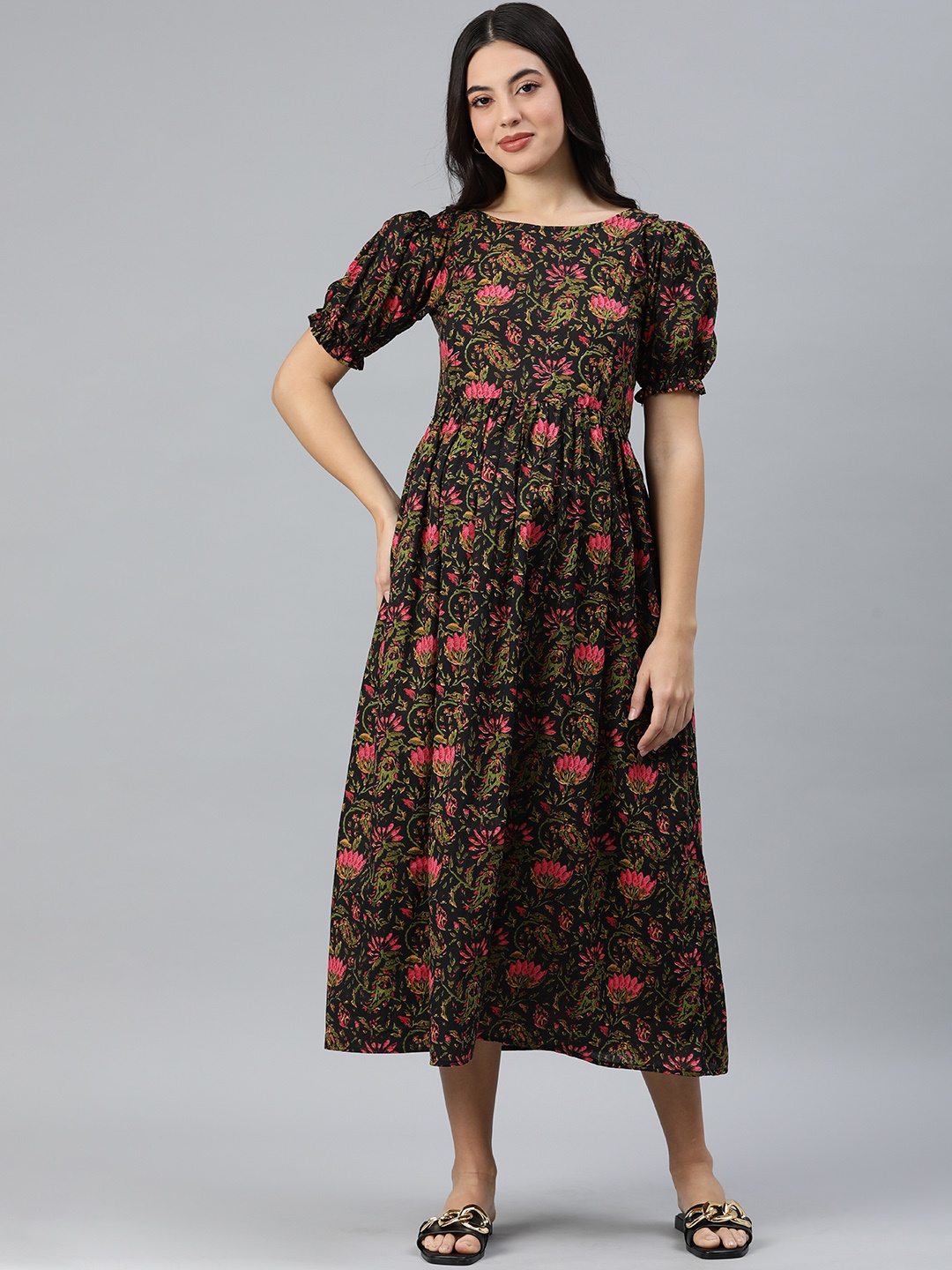

Swishchick Floral Print Puff Sleeve Maternity Cotton A-Line Midi Dress, Black