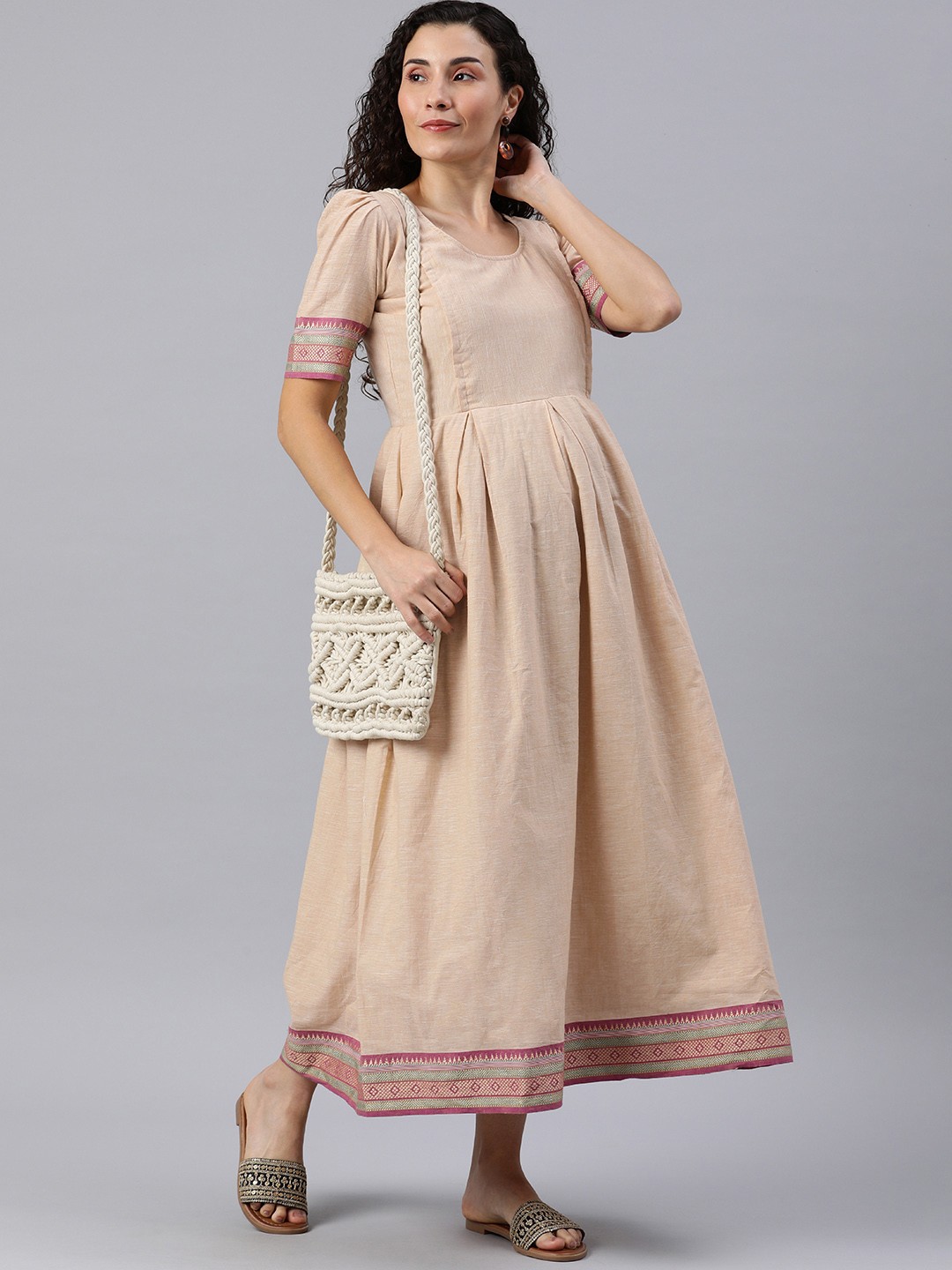 

Swishchick Beige Embroidered Maternity A-Line Midi Dress