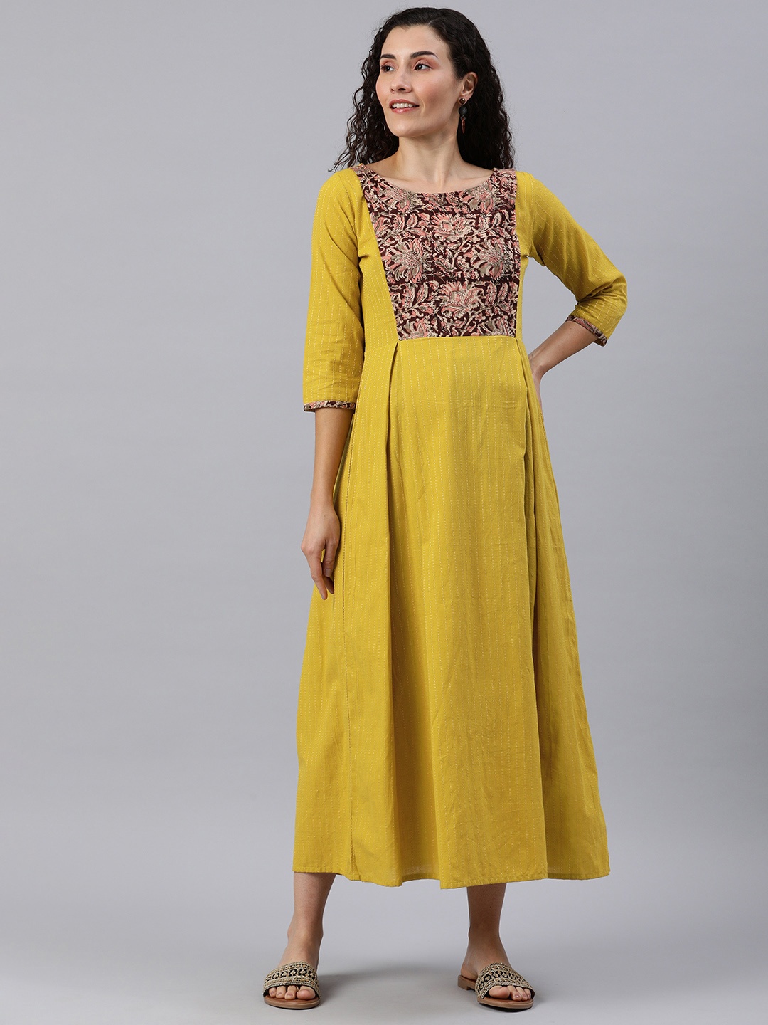 

Swishchick Floral Yoke Printed Cotton A-Line Maternity Midi Dress, Mustard