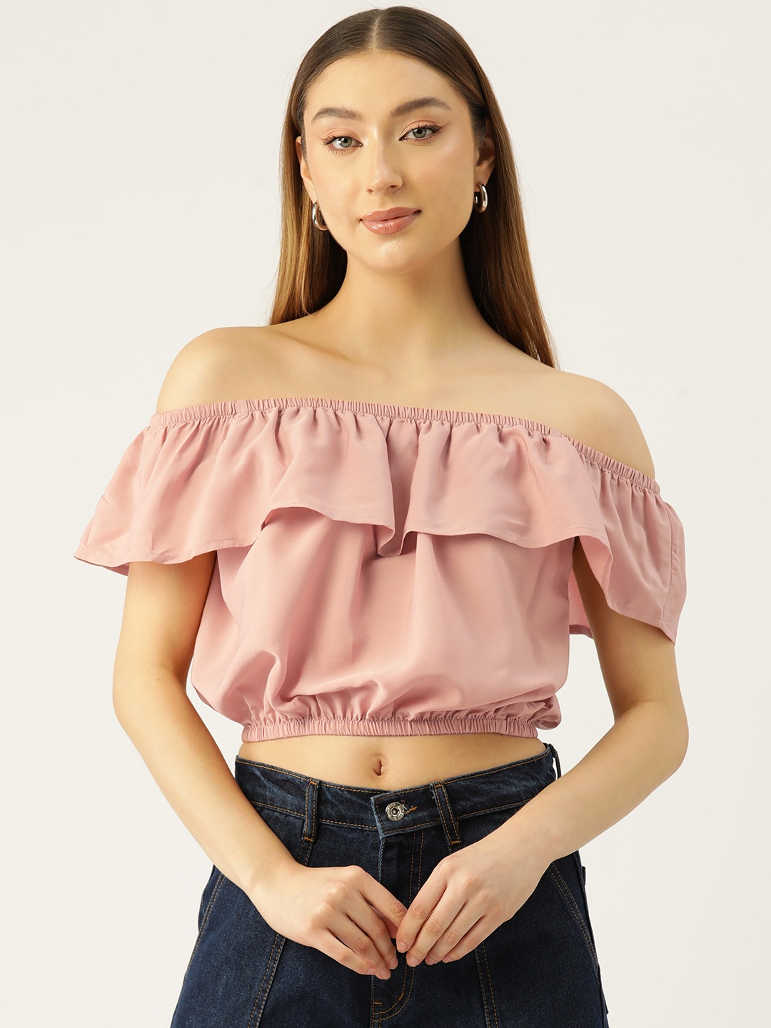 

Rue Collection Solid Off-Shoulder Flared Sleeve Crepe Bardot Crop Top, Beige