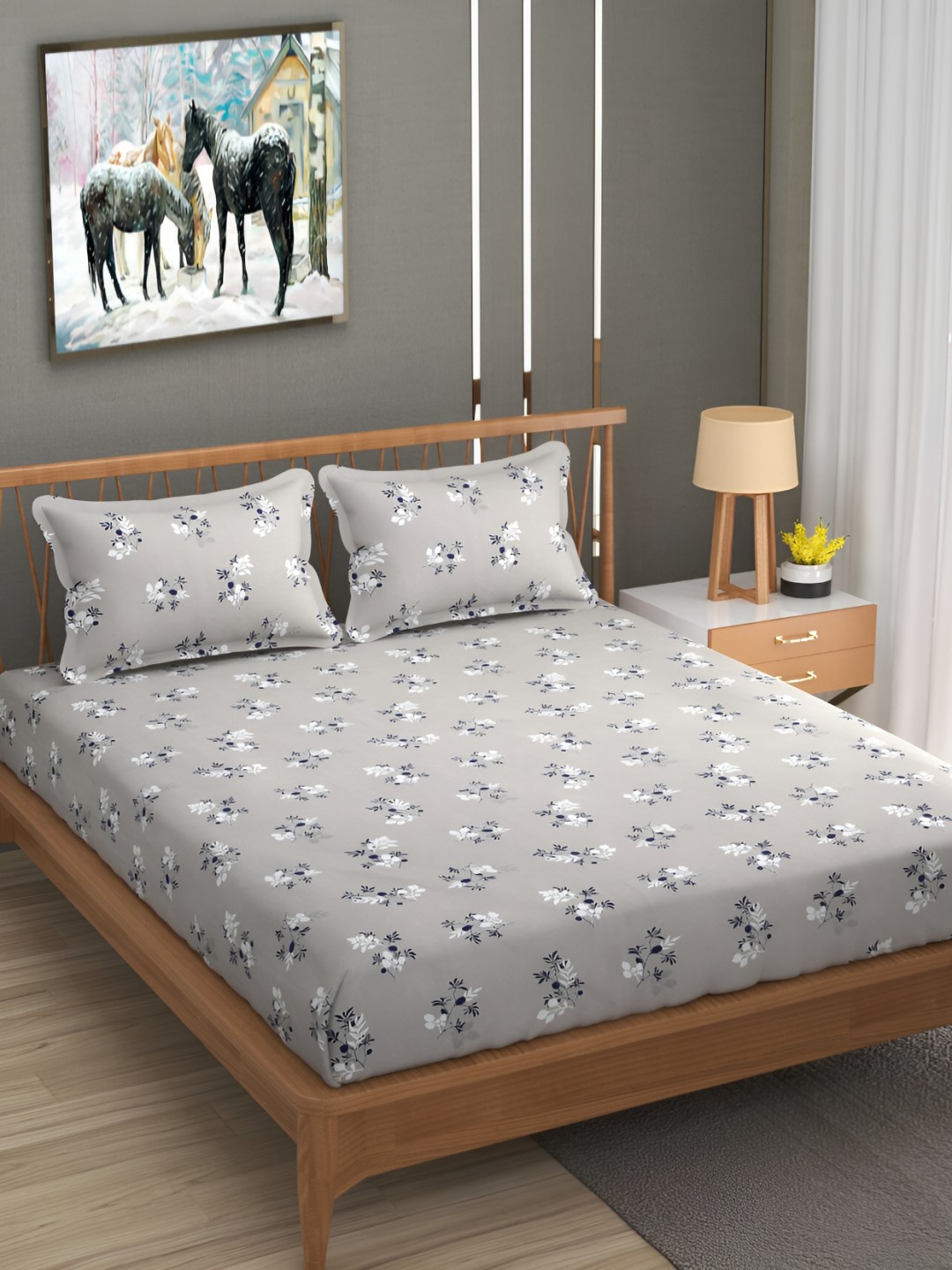 

CHHILAKIYA Grey Floral 210 TC 130 GSM King Bedsheet with 2 Pillow Covers