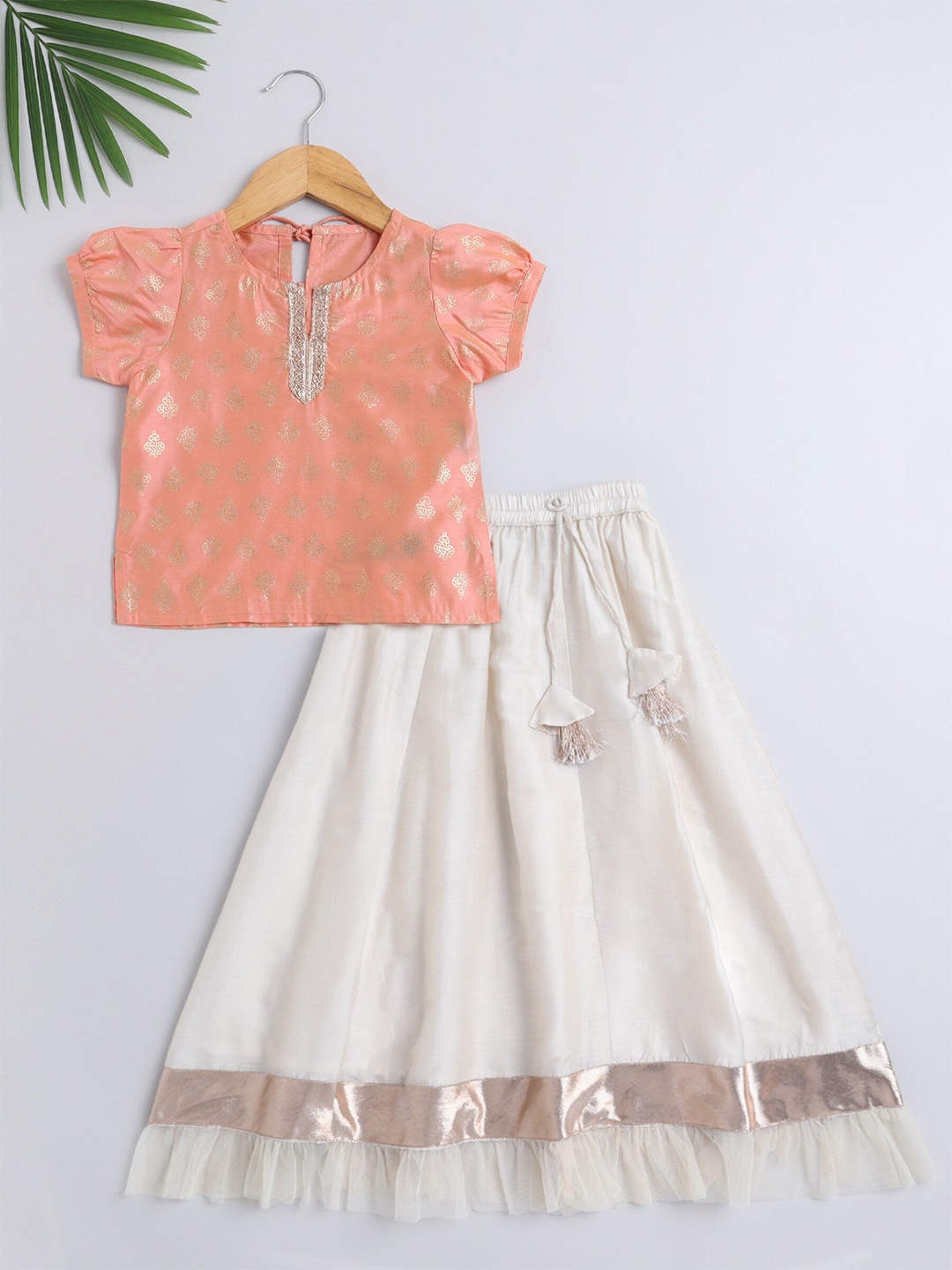 

The Magic Wand Girls Ethnic Motifs Printed Ready To Wear Lehenga & Blouse, Peach