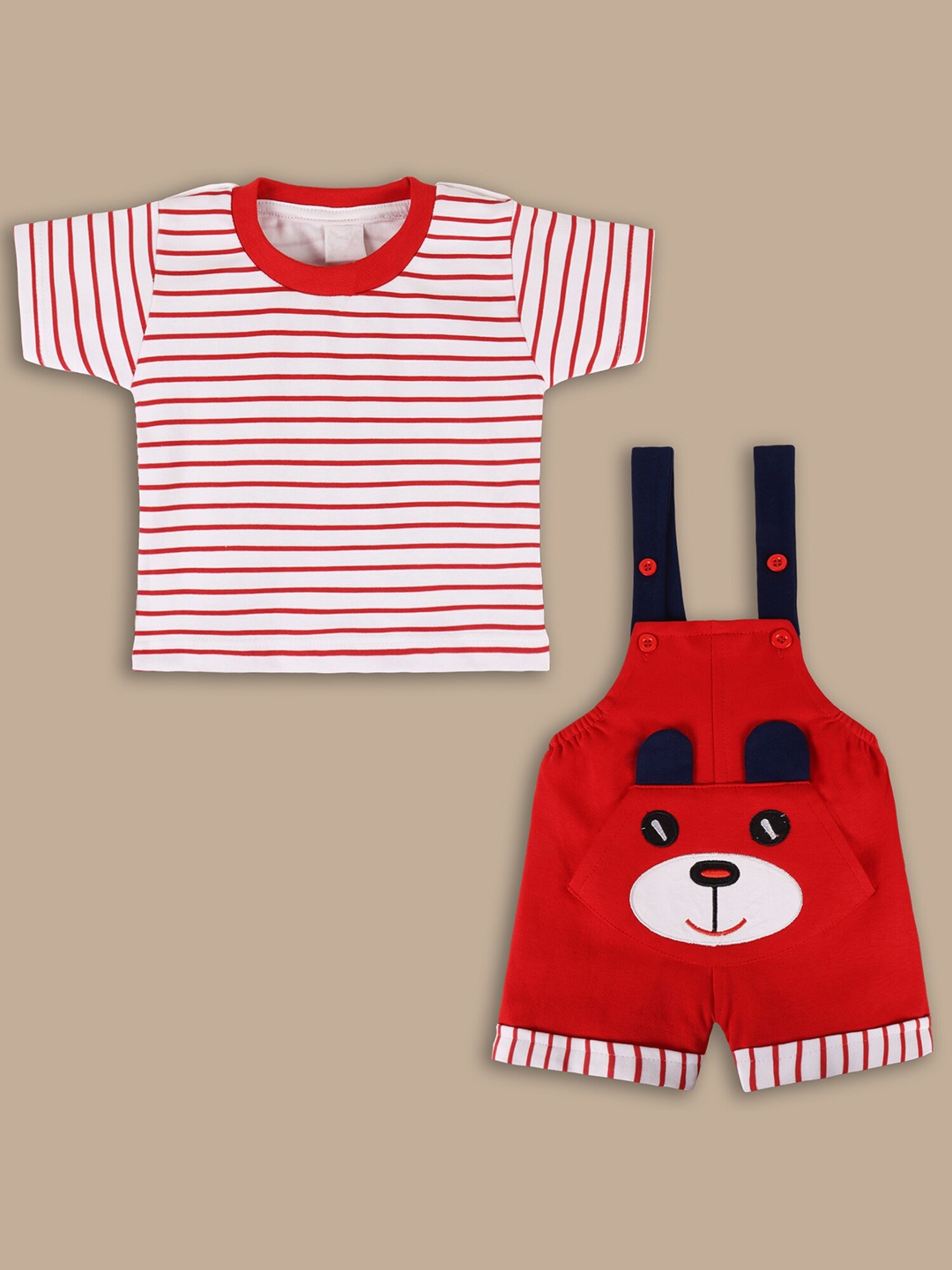 

Wish Karo Infant Boys Self-Design Straight Leg Dungarees With T-Shirt, Red