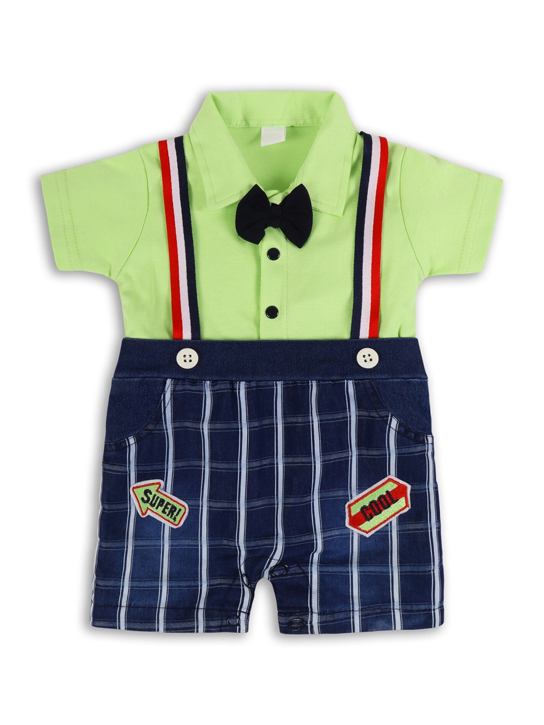 

Wish Karo Boys Checked Cotton Romper With Attached Dungaree, Green