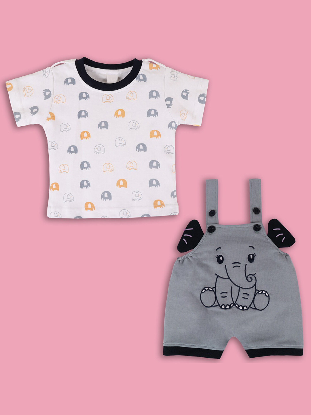 

Wish Karo Infant Boys Self-Design Cotton Dungarees With T-Shirt, Grey