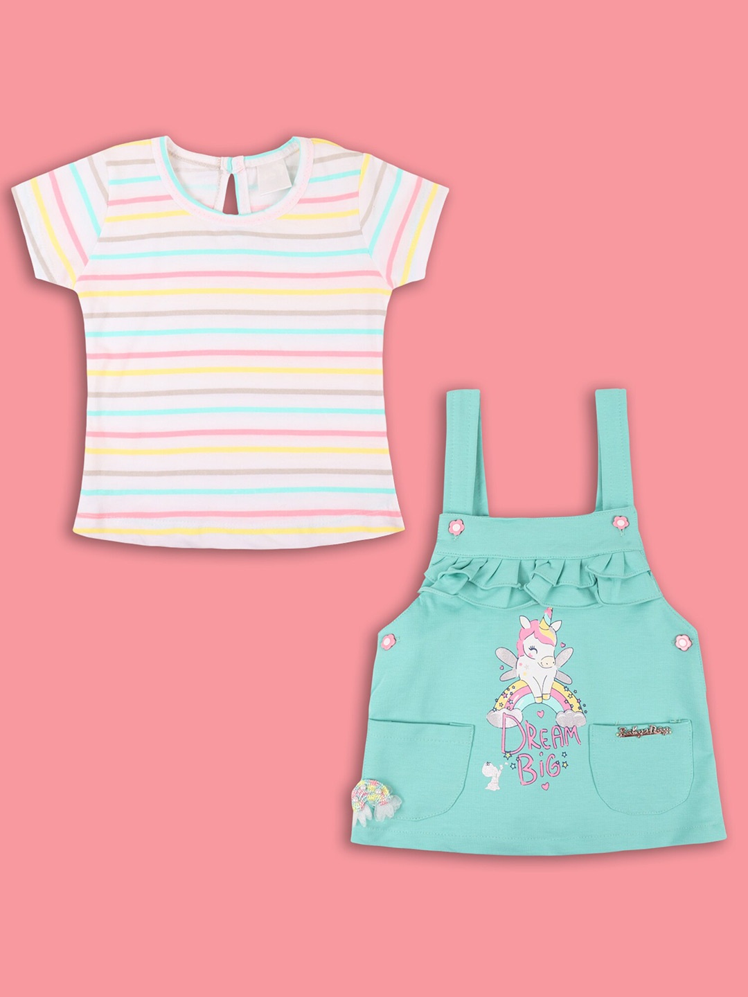 

Wish Karo Infant Girls Unicorn Printed Cotton Pinafore Dress With Striped T-shirt, Green