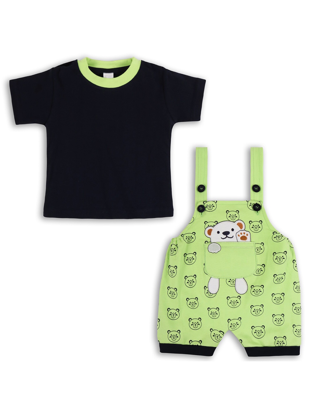 

Wish Karo Infant Boys Straight Leg Graphic Printed Cotton Dungaree With T-Shirt, Green