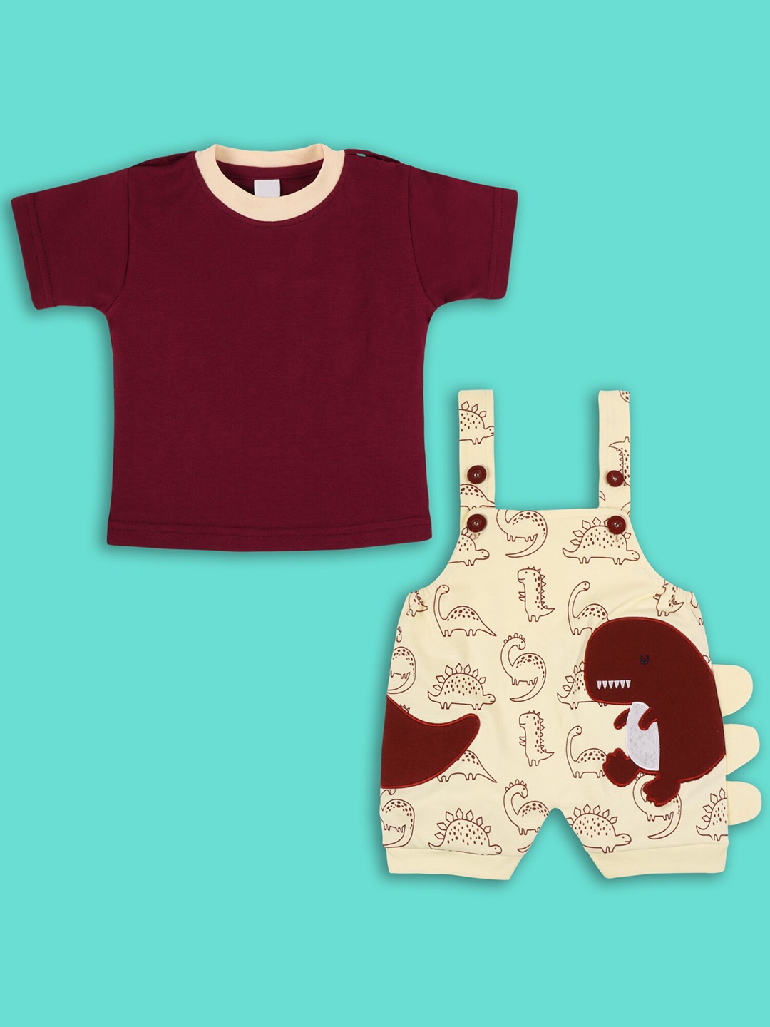 

Wish Karo Infant Boys Conversational Printed Cotton Dungarees With T-Shirt, Maroon