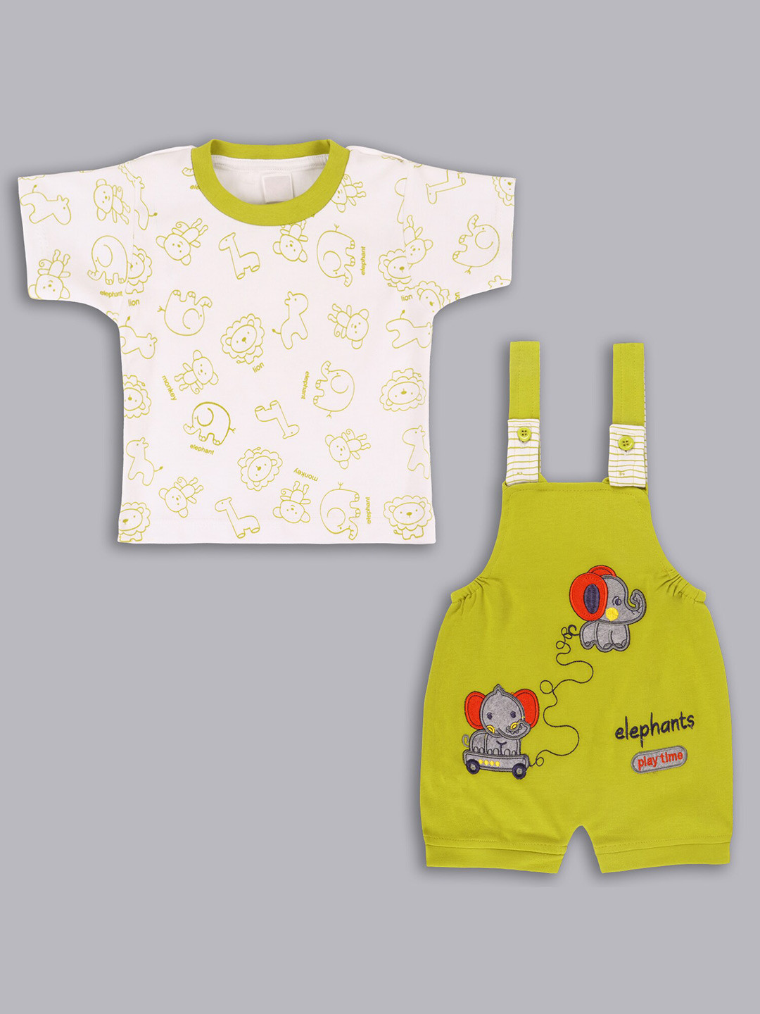 

Wish Karo Infant Boys Graphic Printed Cotton Dungarees With T-Shirt, Green