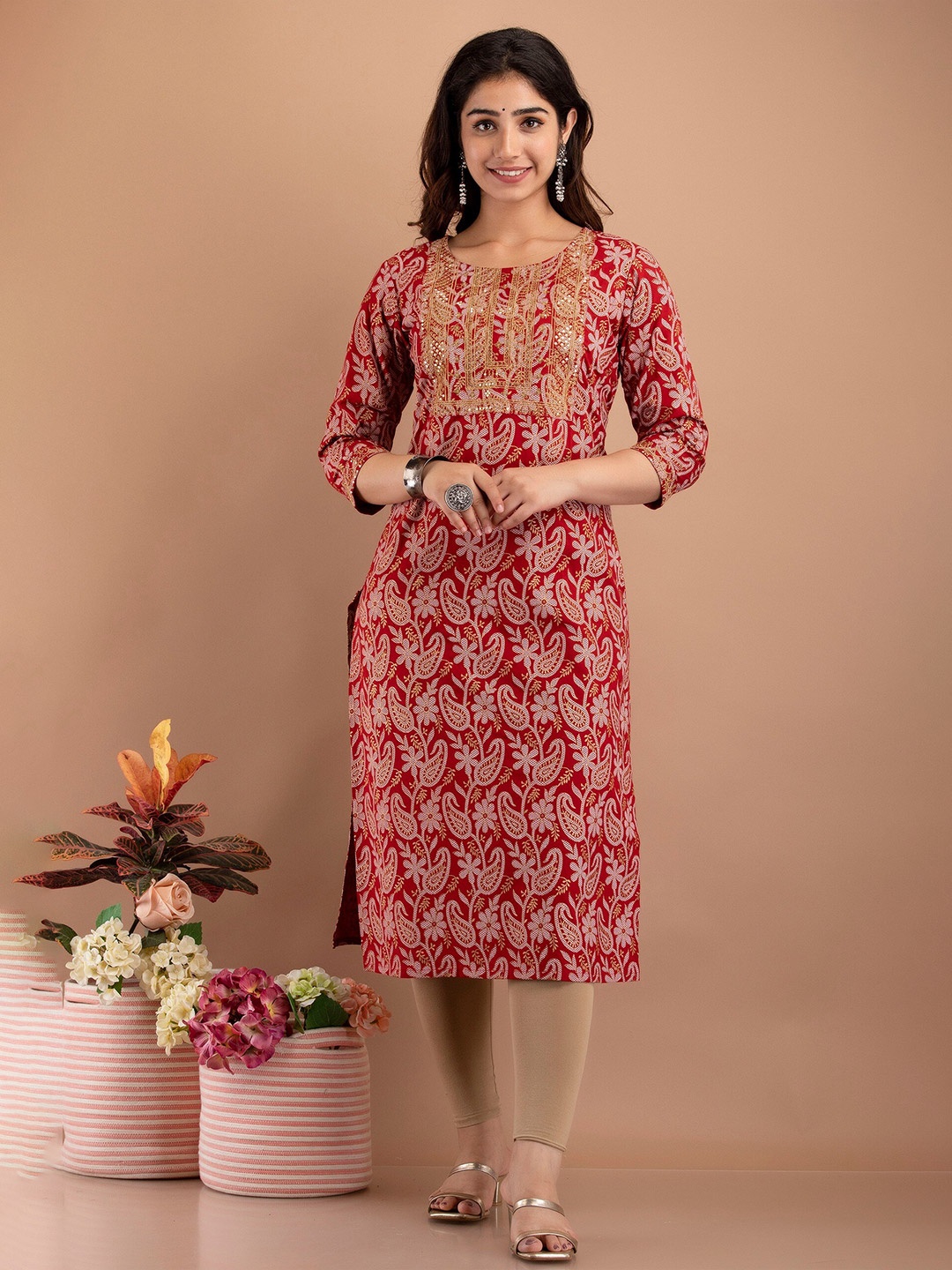 

BAESD Ethnic Motif Printed Thread Work Calf Length Straight Kurta, Maroon