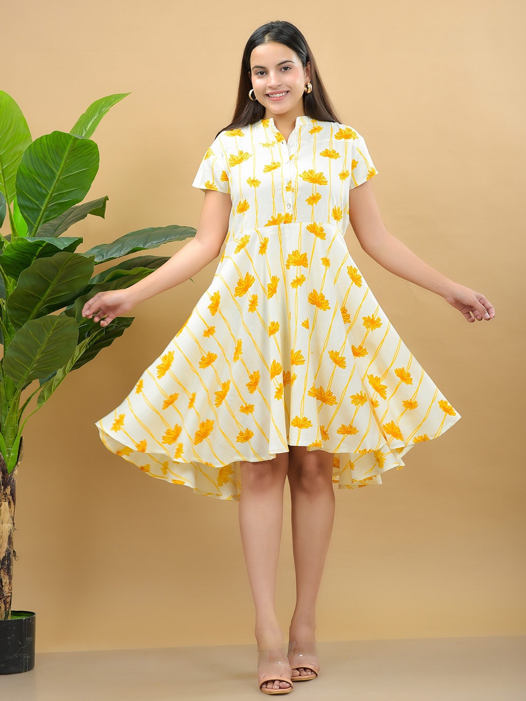 

BAESD Floral Printed Mandarin Collar Fit & Flare Dress, Yellow