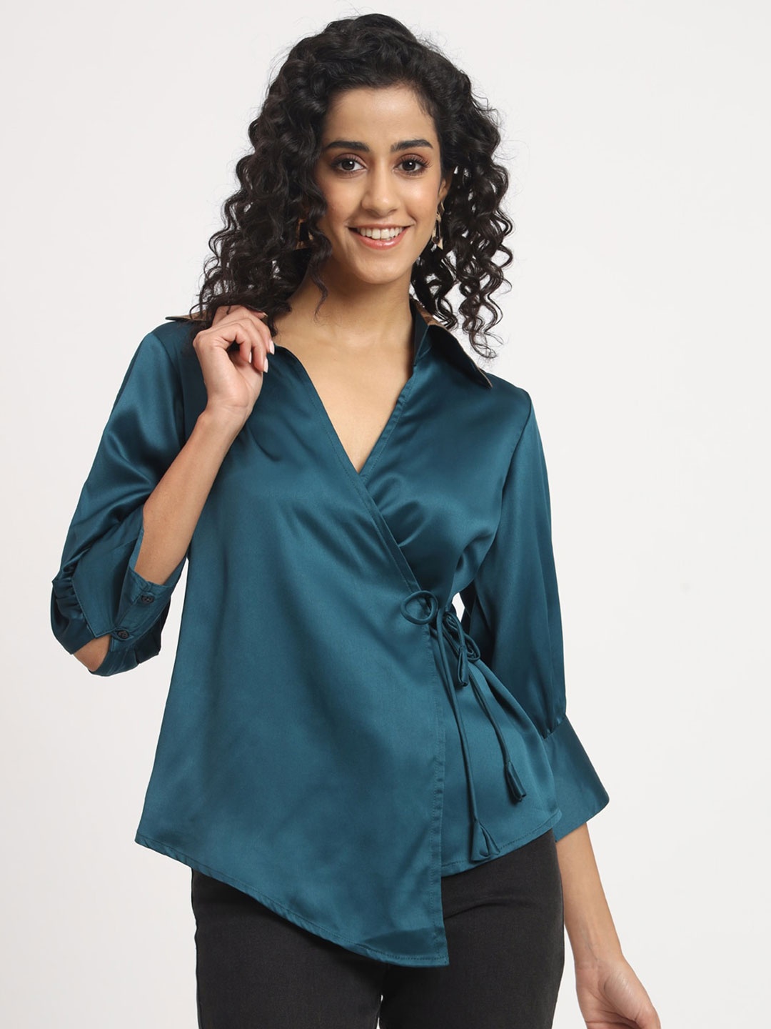 

angloindu Cuffed Sleeves Satin Wrap Top, Teal