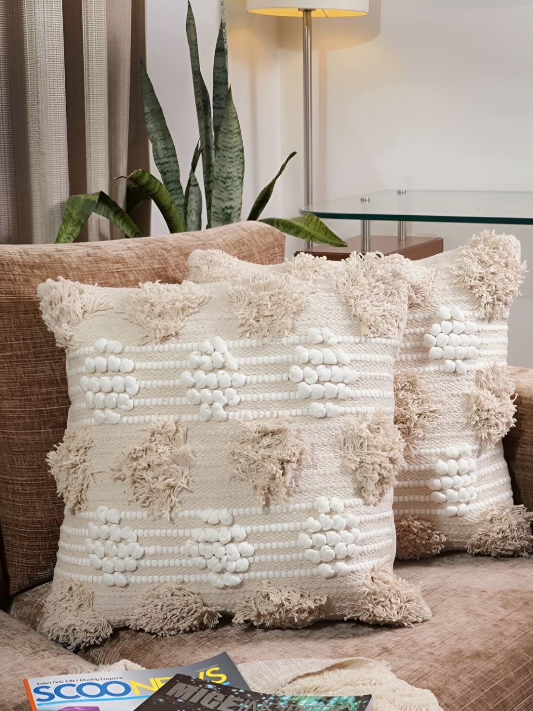 

Textile and Beyond Off Whit Striped Cotton Square Cushion Cover, Off white