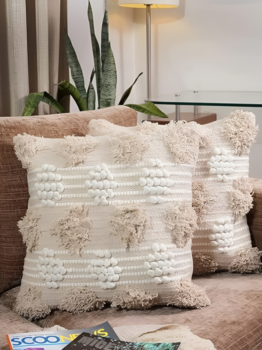 

Textile and Beyond Off White 2 Pieces Abstract Cotton Square Cushion Covers