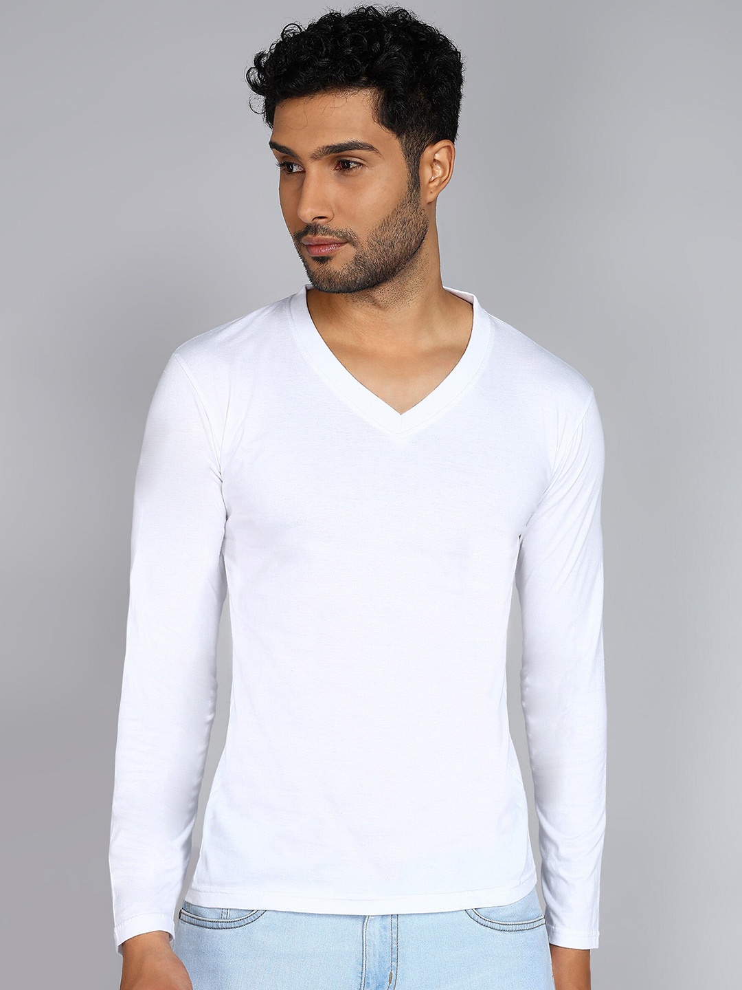

Fleximaa V-Neck Long Sleeves Pure Cotton T-shirt, White