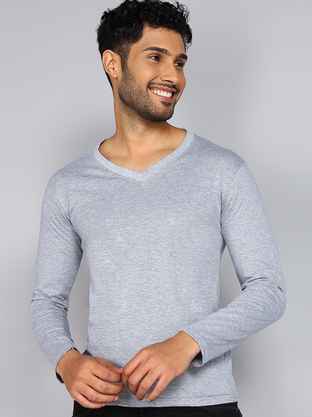 

Fleximaa V-Neck Long Sleeves Pure Cotton T-shirt, Grey