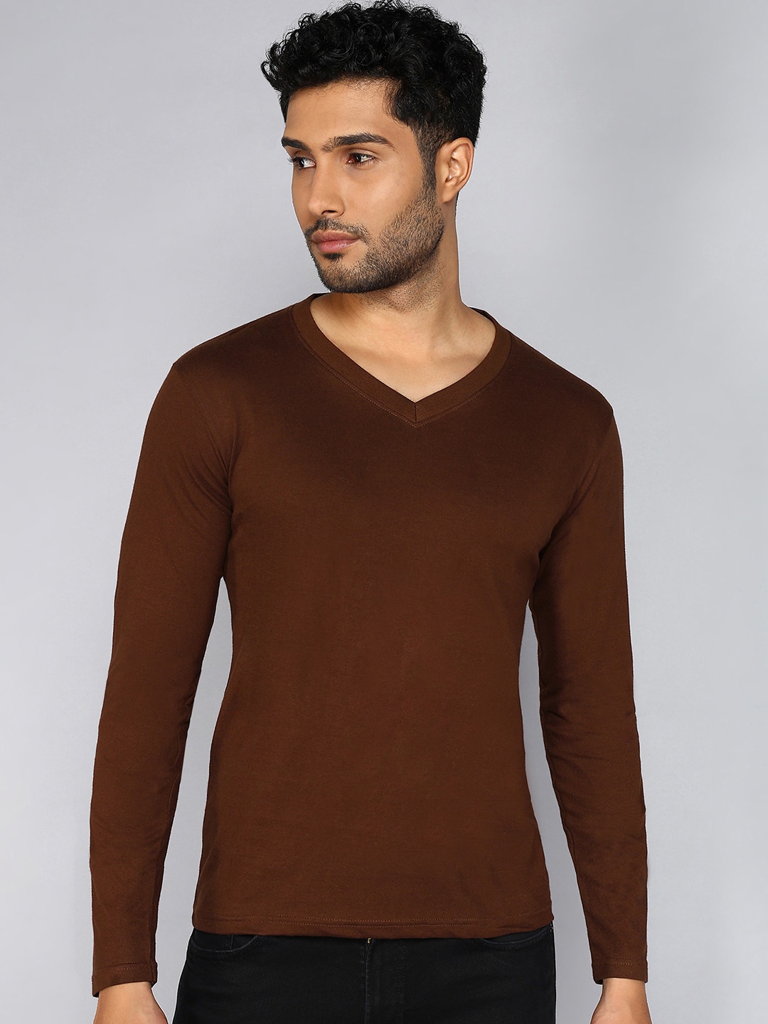 

Fleximaa V-Neck Long Sleeves Pure Cotton T-shirt, Coffee brown