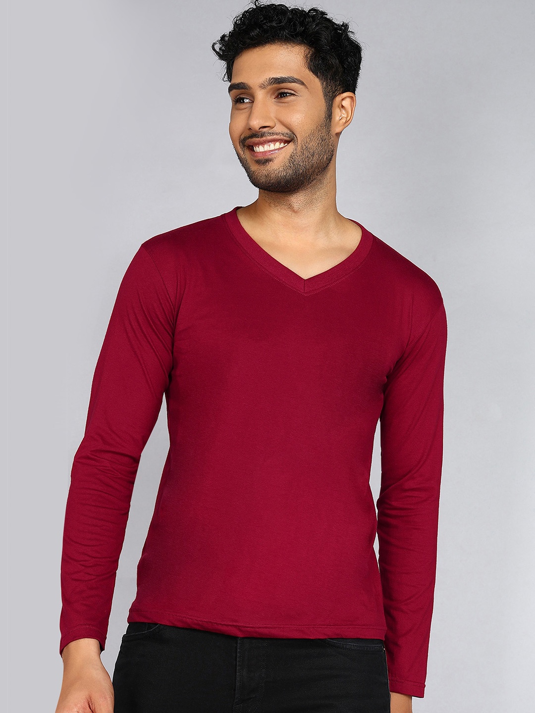 

Fleximaa V-Neck Long Sleeves Pure Cotton T-shirt, Maroon