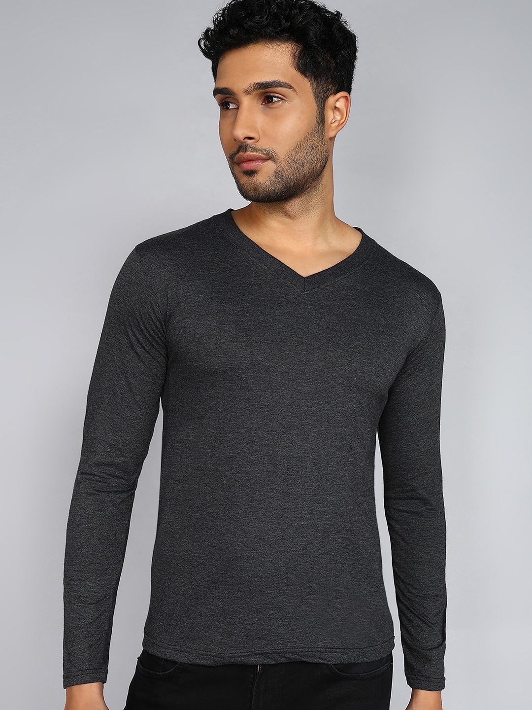 

Fleximaa V-Neck Long Sleeves Pure Cotton T-shirt, Charcoal