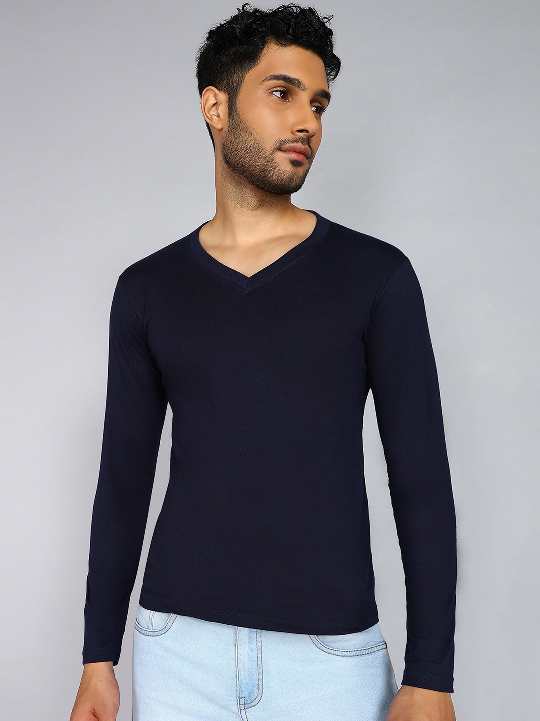 

Fleximaa V-Neck Long Sleeves Pure Cotton T-shirt, Navy blue