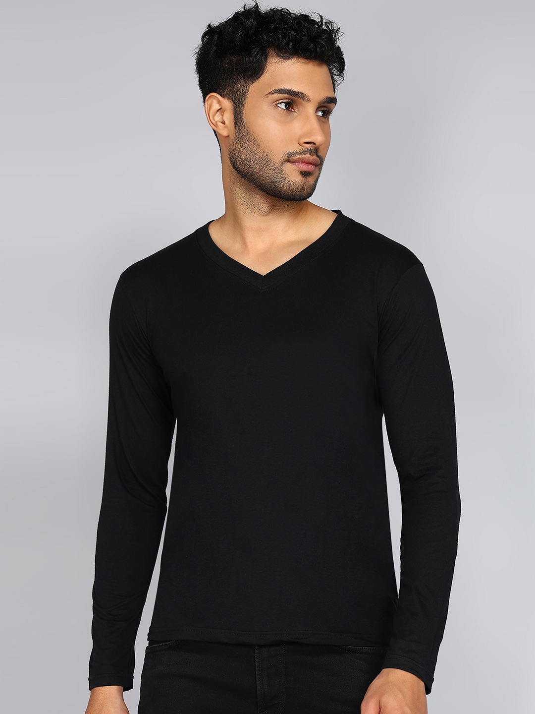 

Fleximaa V-Neck Long Sleeves Pure Cotton T-shirt, Black