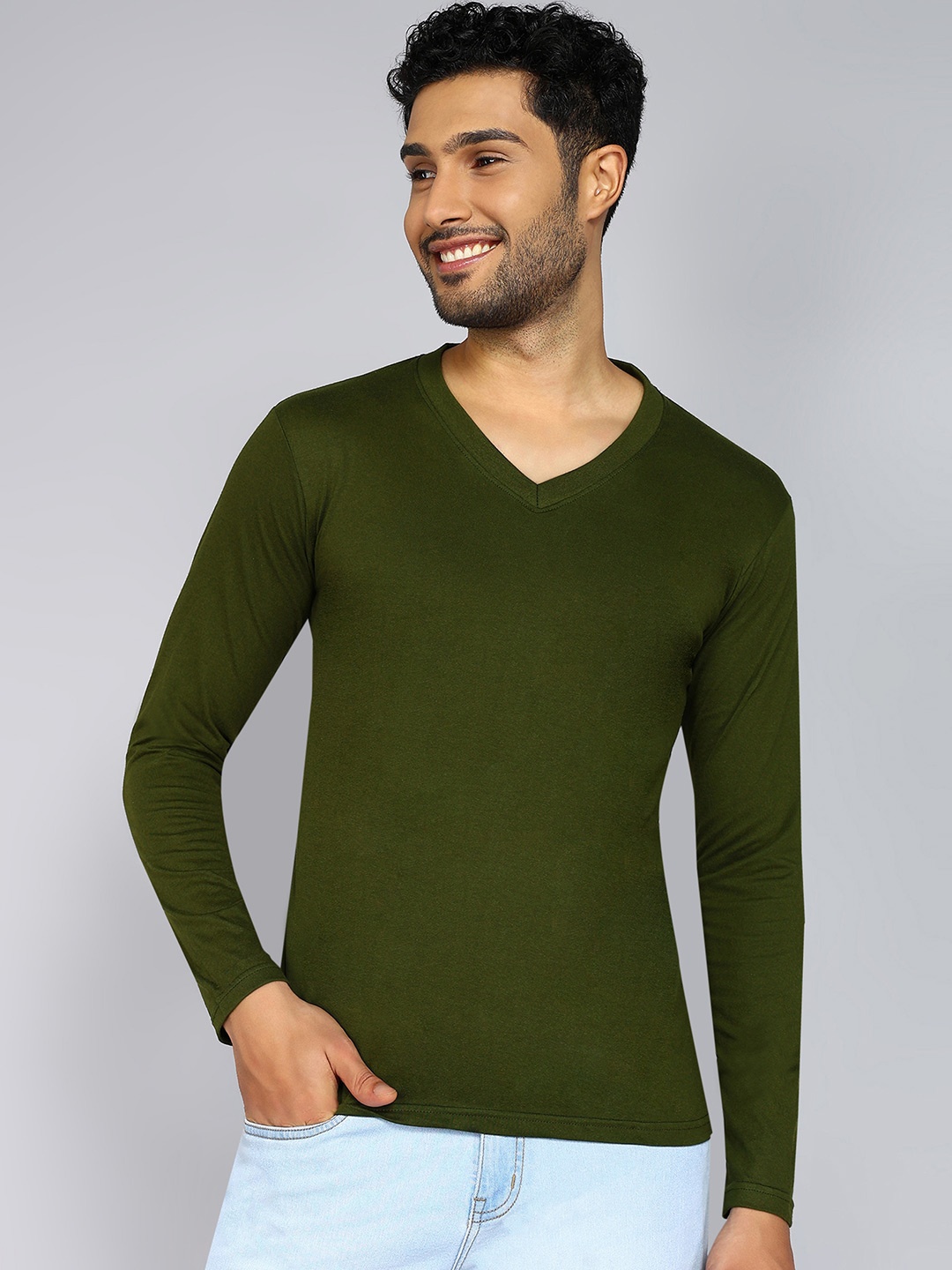 

Fleximaa V-Neck Long Sleeves Pure Cotton T-shirt, Olive