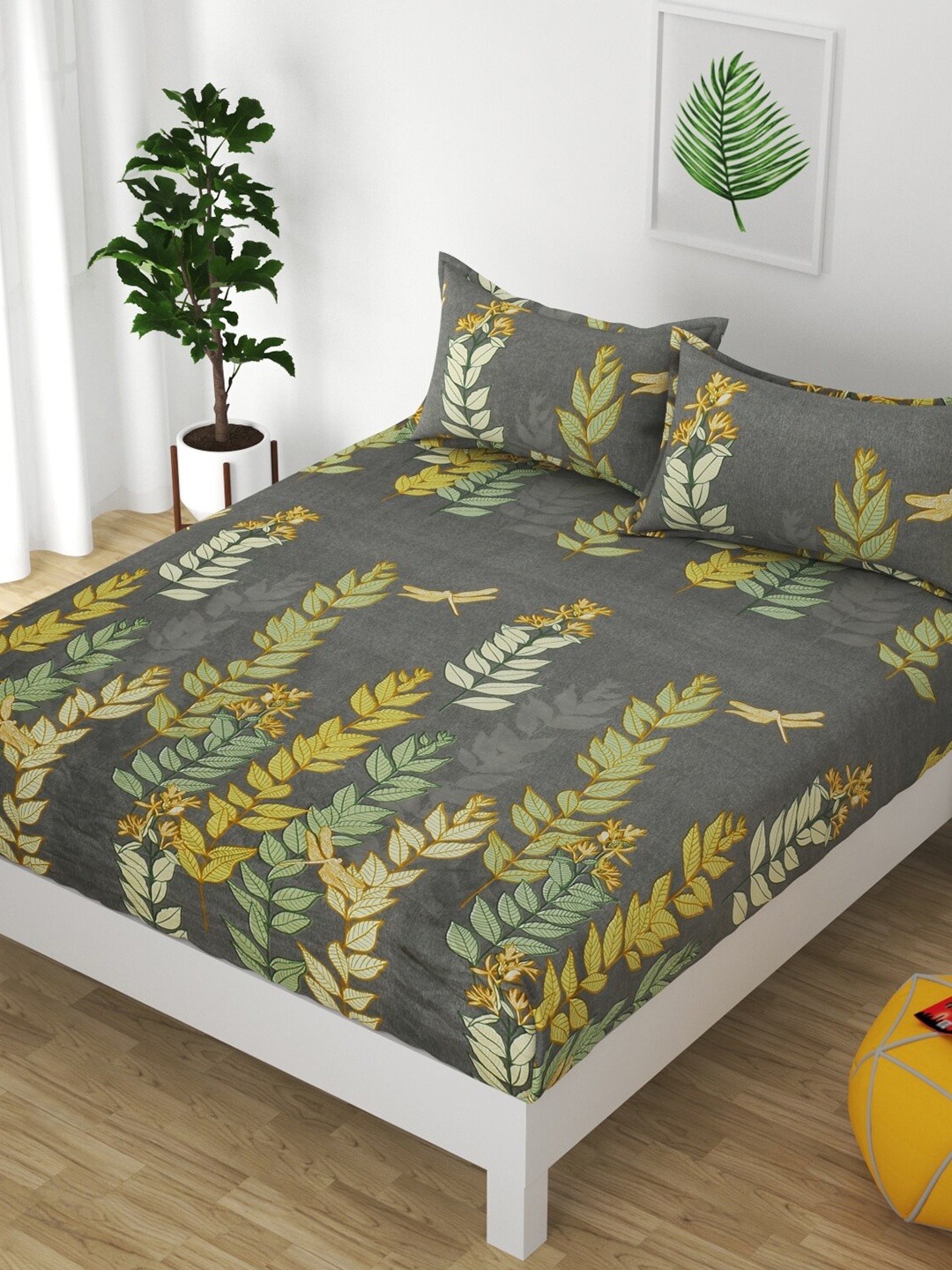 

FINE TEX WORLD 230TC Floral King 160GSM Bedsheet with 2 Pillow Covers, Green