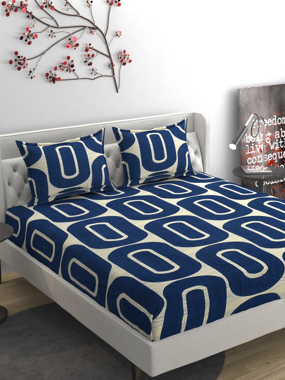 

FINE TEX WORLD mulburry Blue and Beige 230TC King 160GSM Bedsheet with 2 Pillow Covers