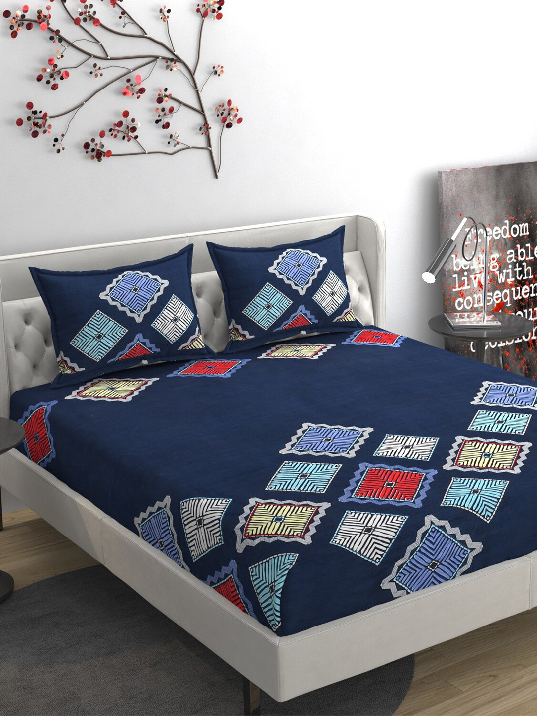 

FINE TEX WORLD mulburry Navy Blue and Red 160GSM 230TC King Bedsheet with 2 Pillow Covers