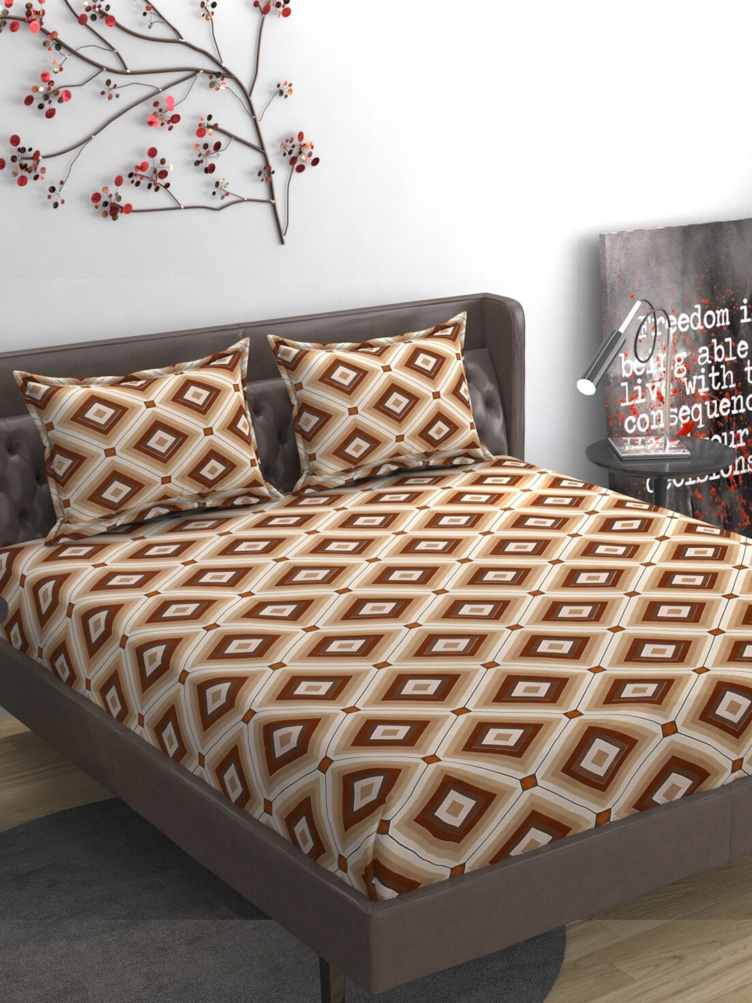 

FINE TEX WORLD mulburry Brown and White 130TC King 160GSM Bedsheet with 2 Pillow Covers