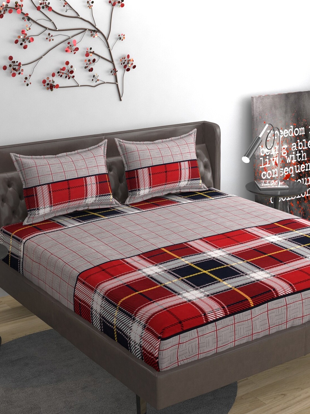 

FINE TEX WORLD 230TC Striped 160GSM King Bedsheet with 2 Pillow Covers, Red