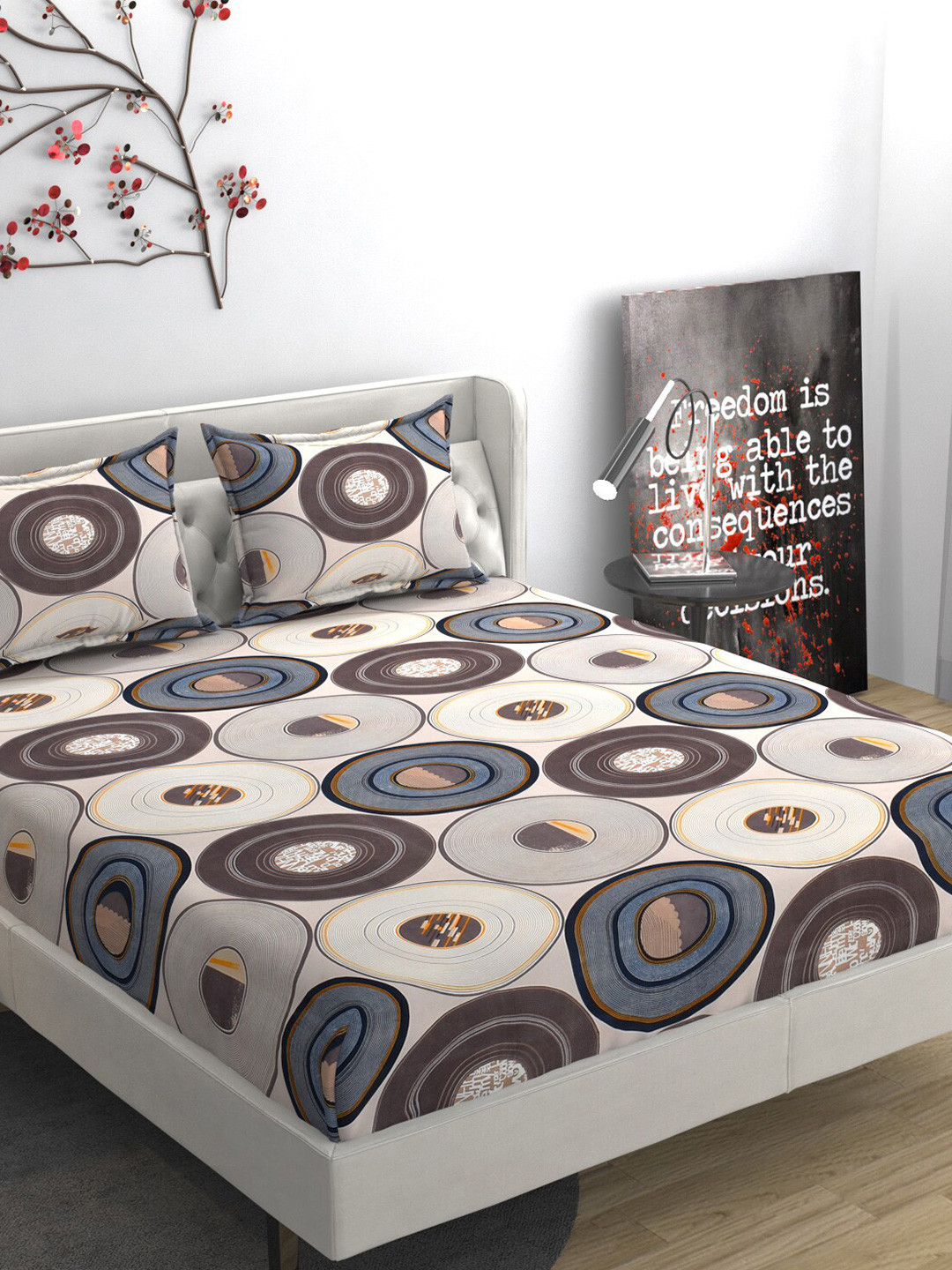 

FINE TEX WORLD mulburry Brown and White 230TC 160GSM King Bedsheet with 2 Pillow Covers