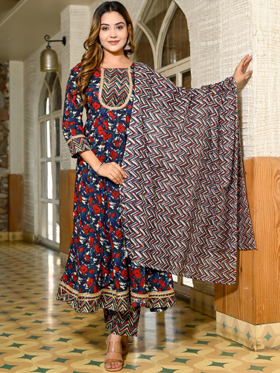 

KALINI Floral Printed Anarkali Kurta & Trousers With Dupatta, Red