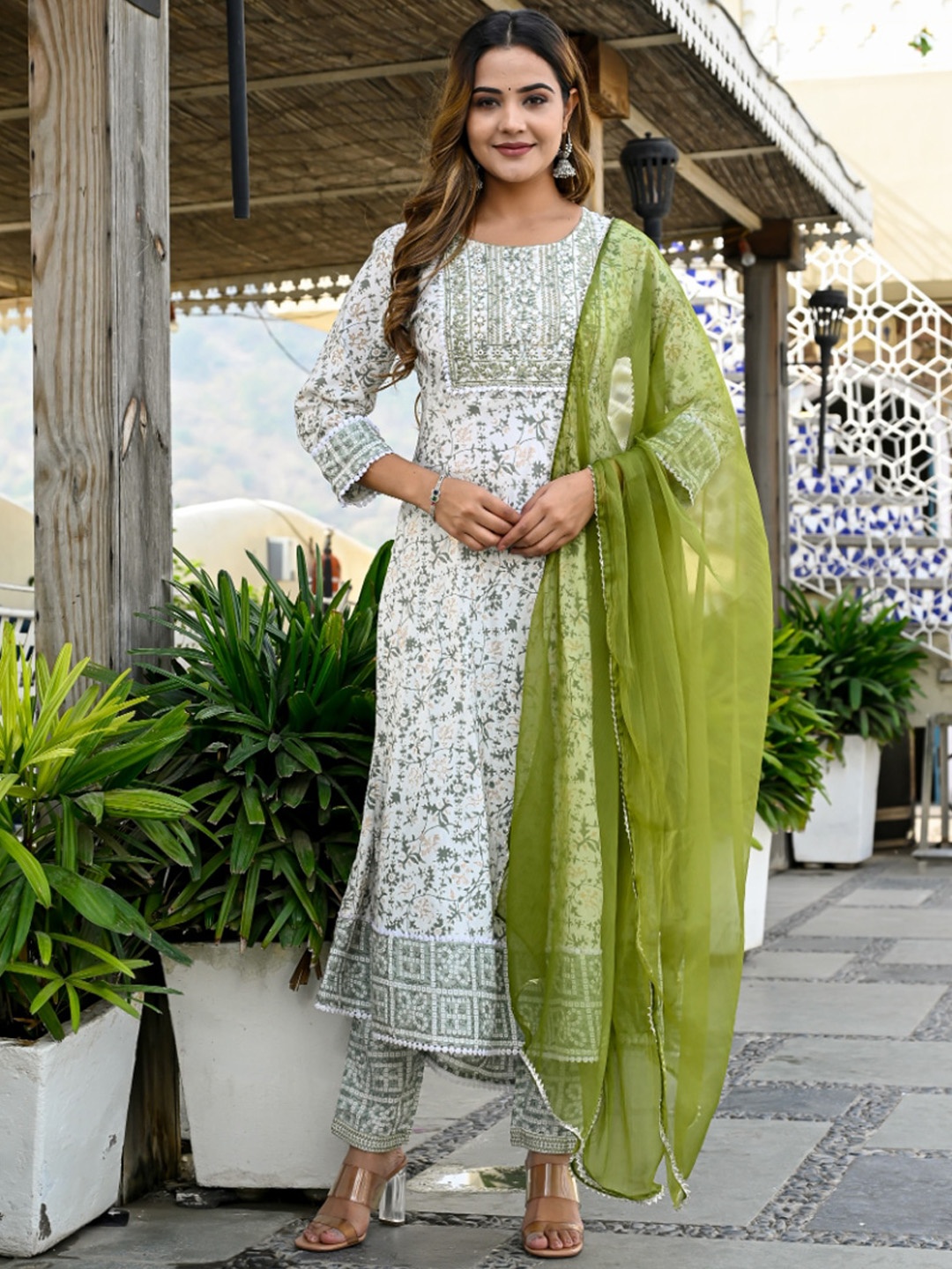 

KALINI Floral Printed Thread Work A-Line Kurta & Trousers With Dupatta, Green