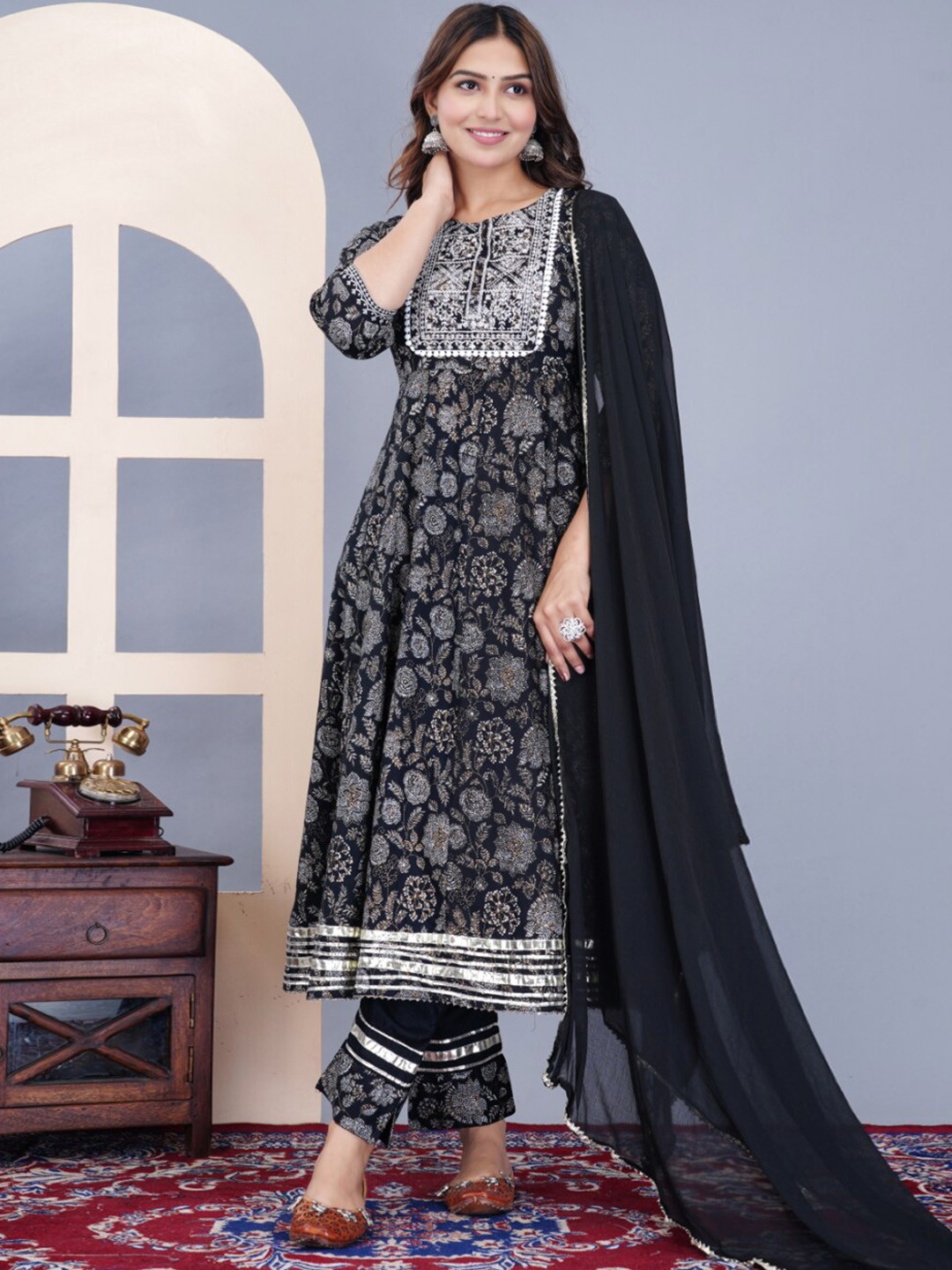

KALINI Floral Printed Thread Work Anarkali Kurta & Trousers With Dupatta, Black