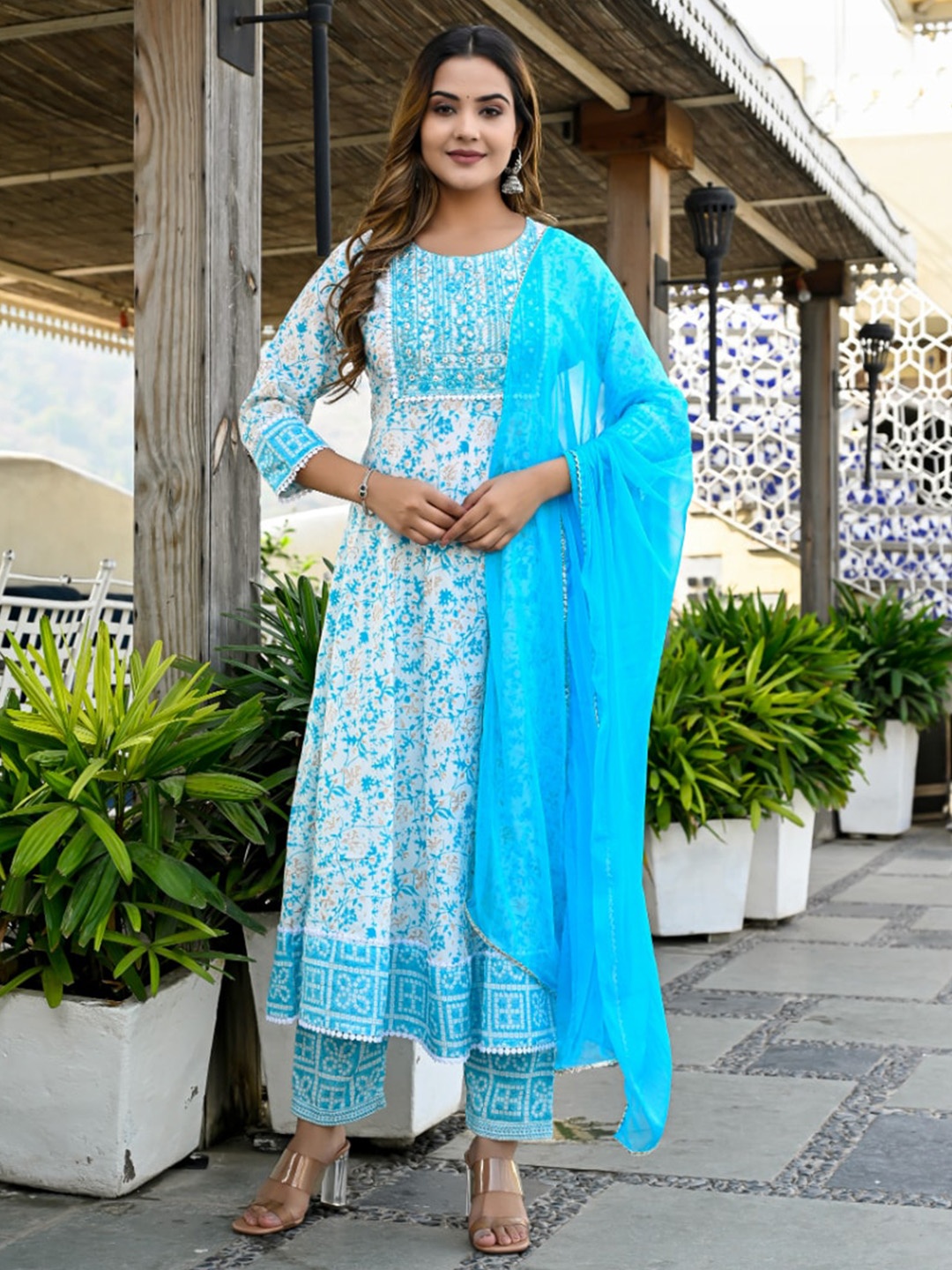 

KALINI Floral Printed Thread Work A-Line Kurta with Trousers & Dupatta, Blue