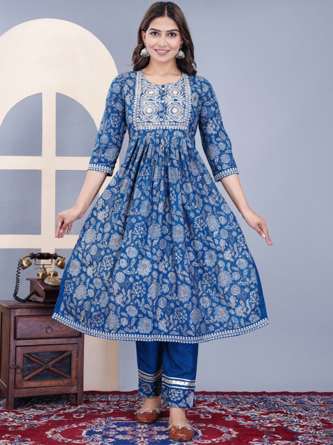 

KALINI Floral Printed Thread Work Gotta Patti Anarkali Kurta with Trousers & Dupatta, Blue