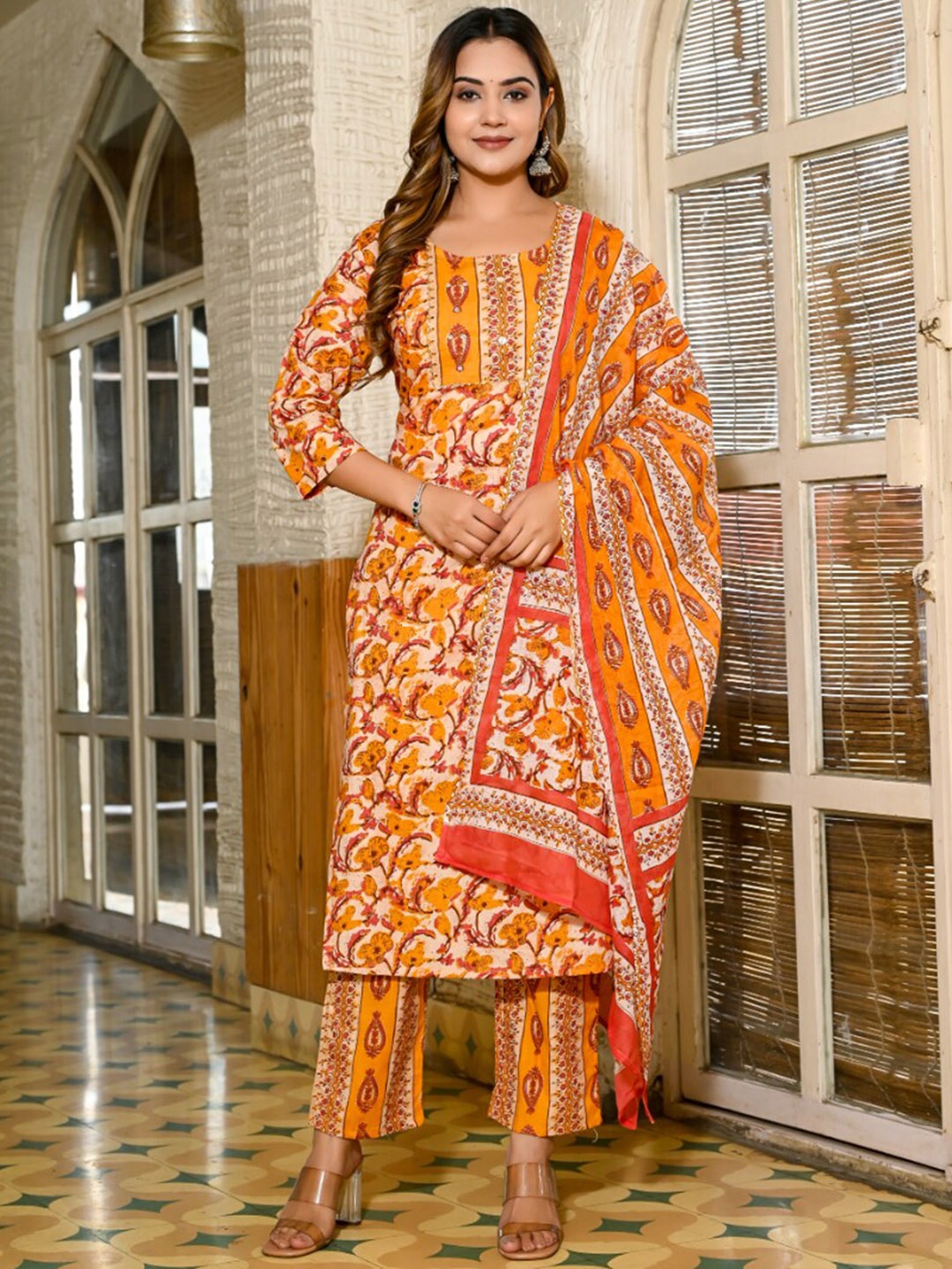 

KALINI Floral Printed Gotta Patti Kurta with Trousers & Dupatta, Orange