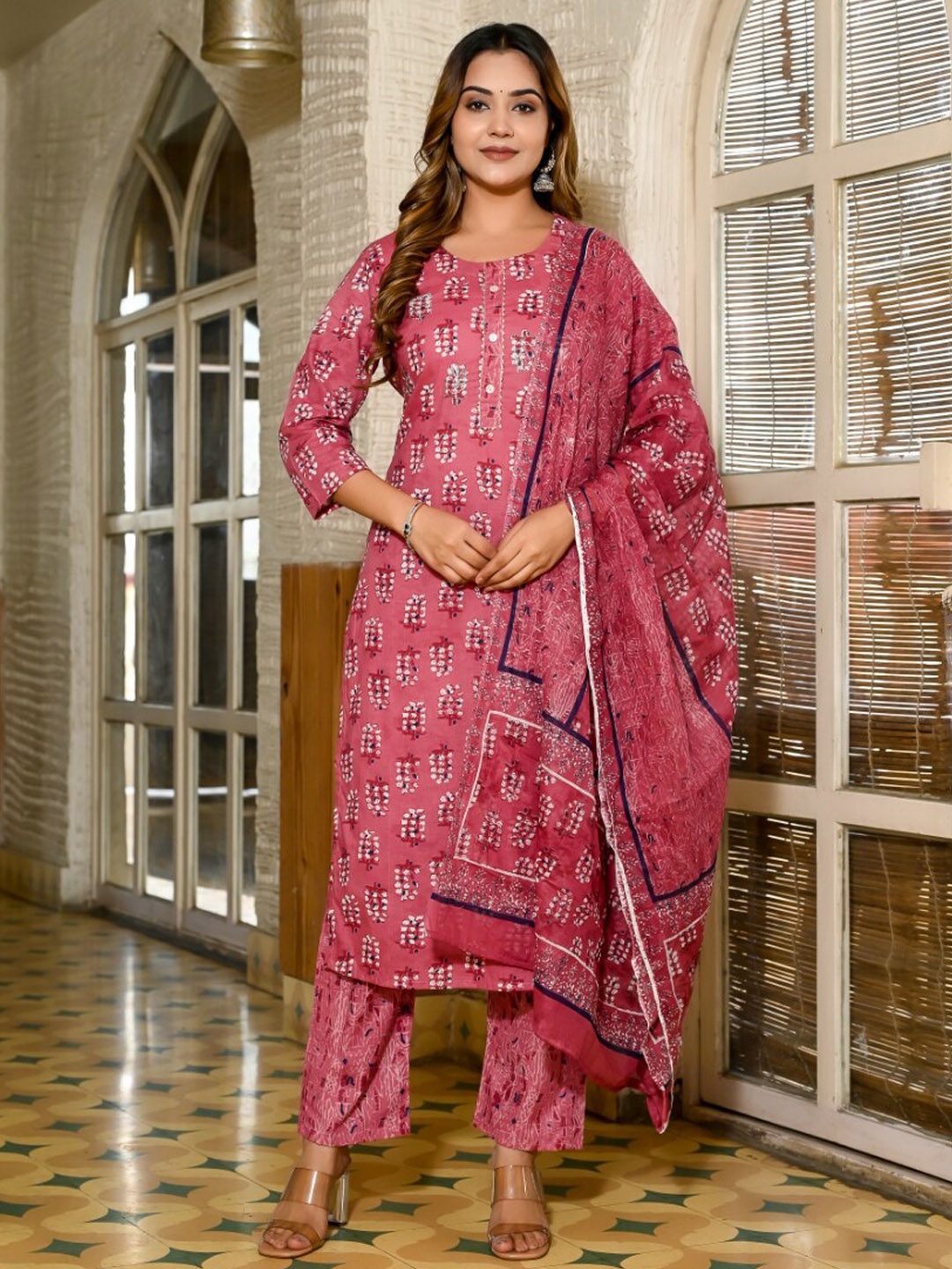 

KALINI Ethnic Motifs Printed Gotta Patti Kurta with Trousers & Dupatta, Pink